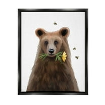Stupell Industries Woodland Bear Flower Sprig Graphic Art Jet Black Floating Framed Canvas Print Wall Art, Design by Elizabeth Tyndall