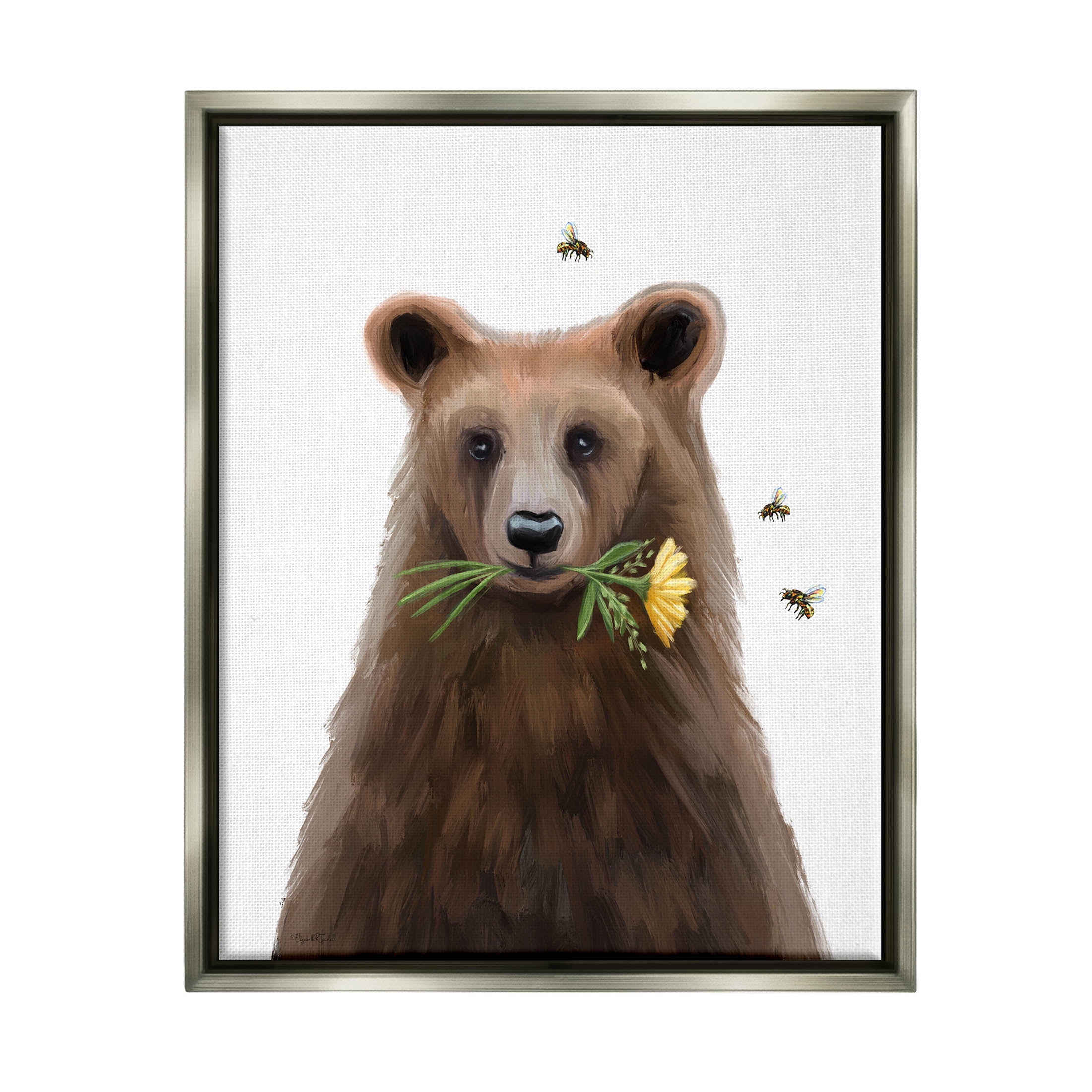Stupell Industries Woodland Bear Flower Sprig Graphic Art Luster Gray Floating Framed Canvas Print Wall Art, Design by Elizabeth Tyndall