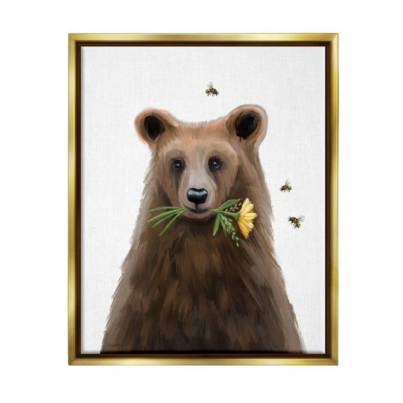 Stupell Industries Woodland Bear Flower Sprig Graphic Art Metallic Gold Floating Framed Canvas Print Wall Art, Design by Elizabeth Tyndall