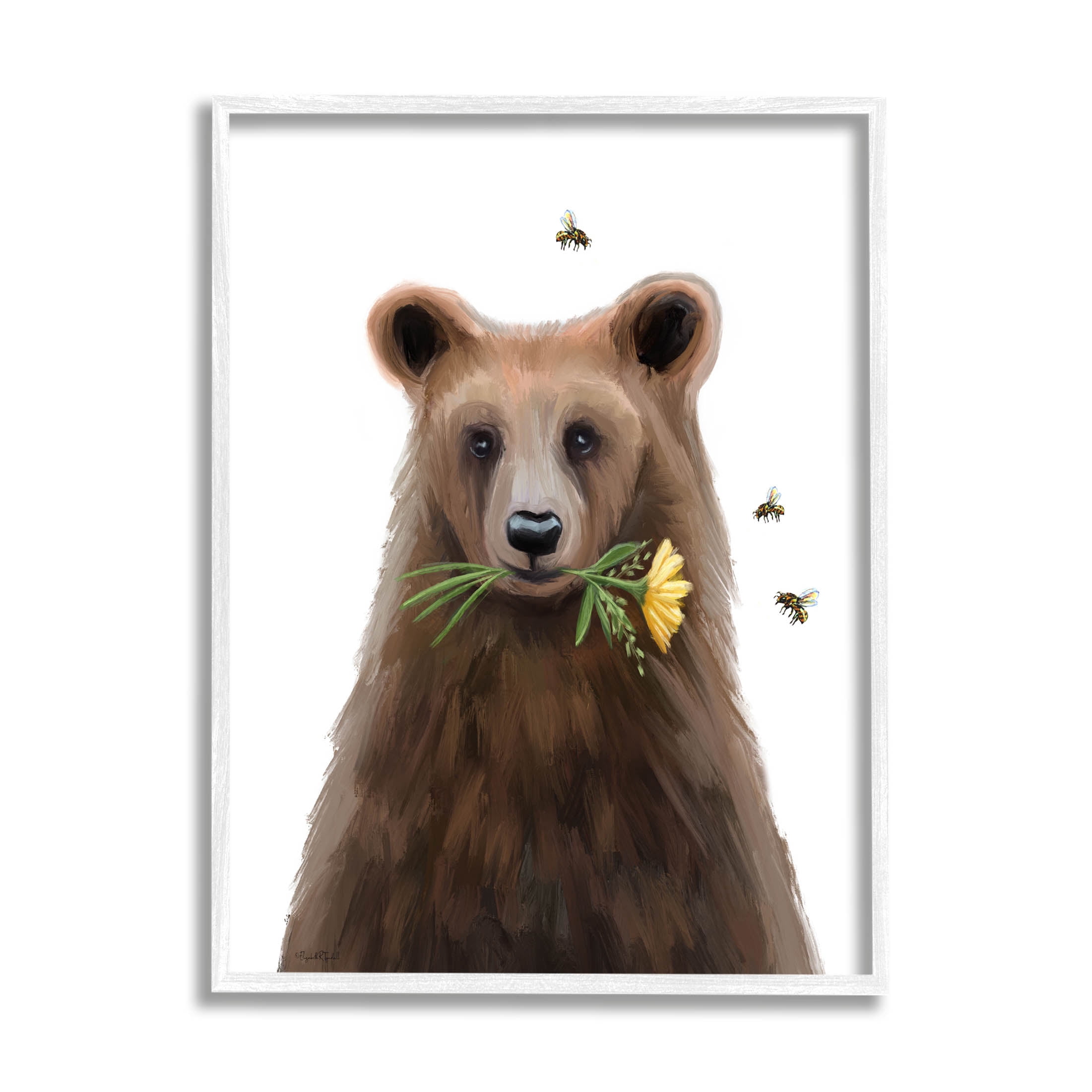 Stupell Industries Woodland Bear Flower Sprig Graphic Art White Framed Art Print Wall Art, Design by Elizabeth Tyndall