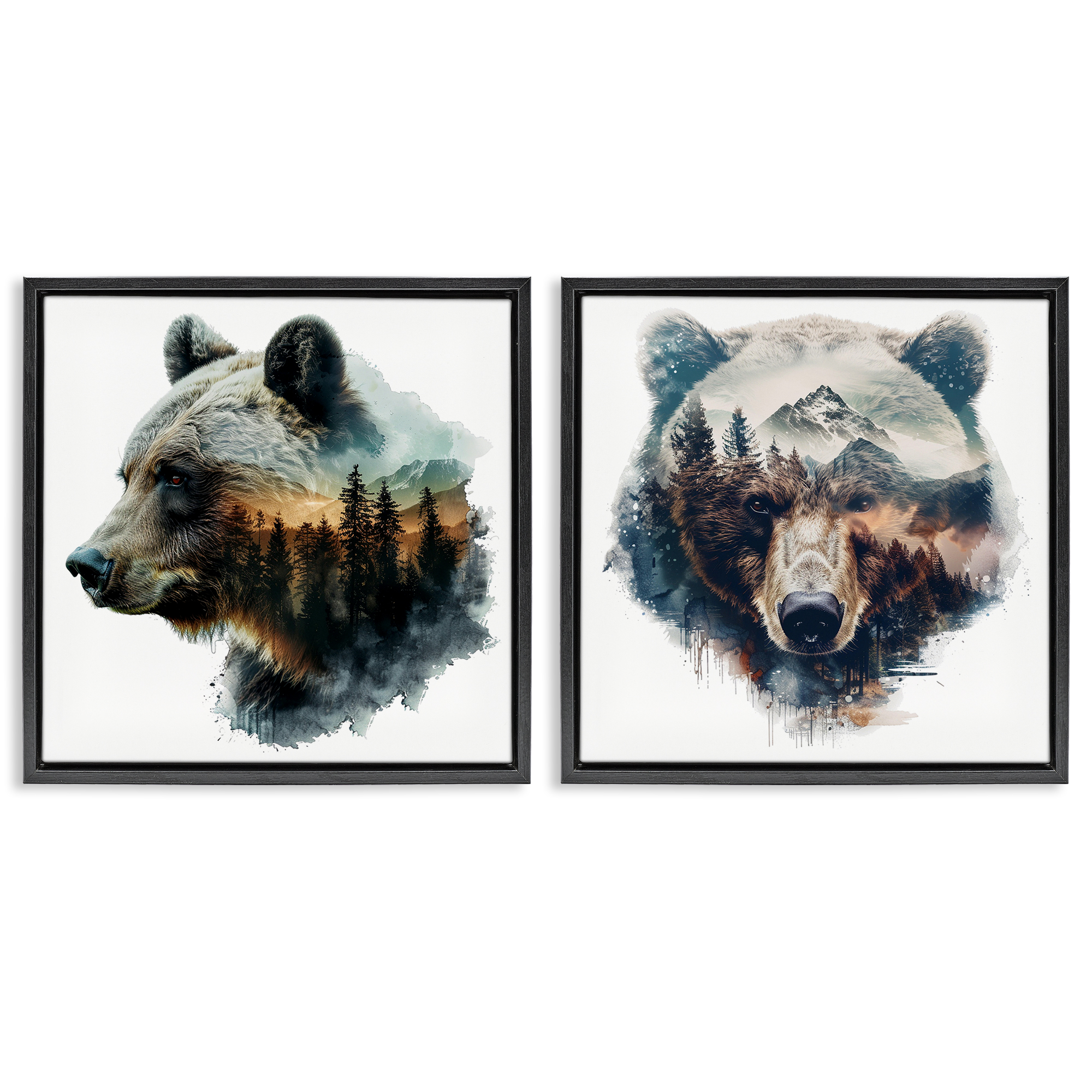 Stupell Industries Woodland Bear Forest Silhouettes Animals Painting Black Floater Framed Canvas Art Print Wall Art, 25 x 25, Set of 2