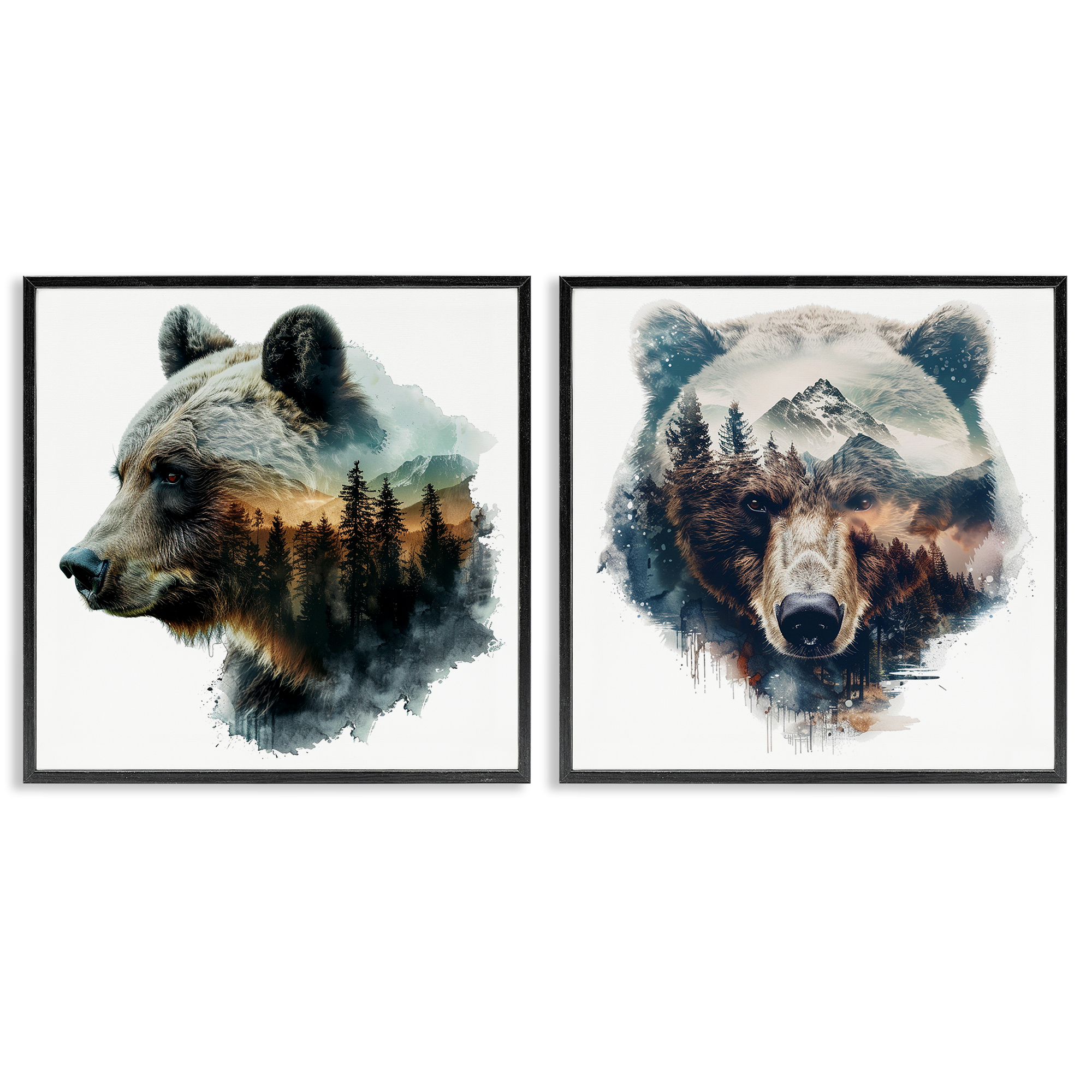 Stupell Industries Woodland Bear Forest Silhouettes Animals Painting Black Framed Art Print Wall Art, 24 x 24, Set of 2