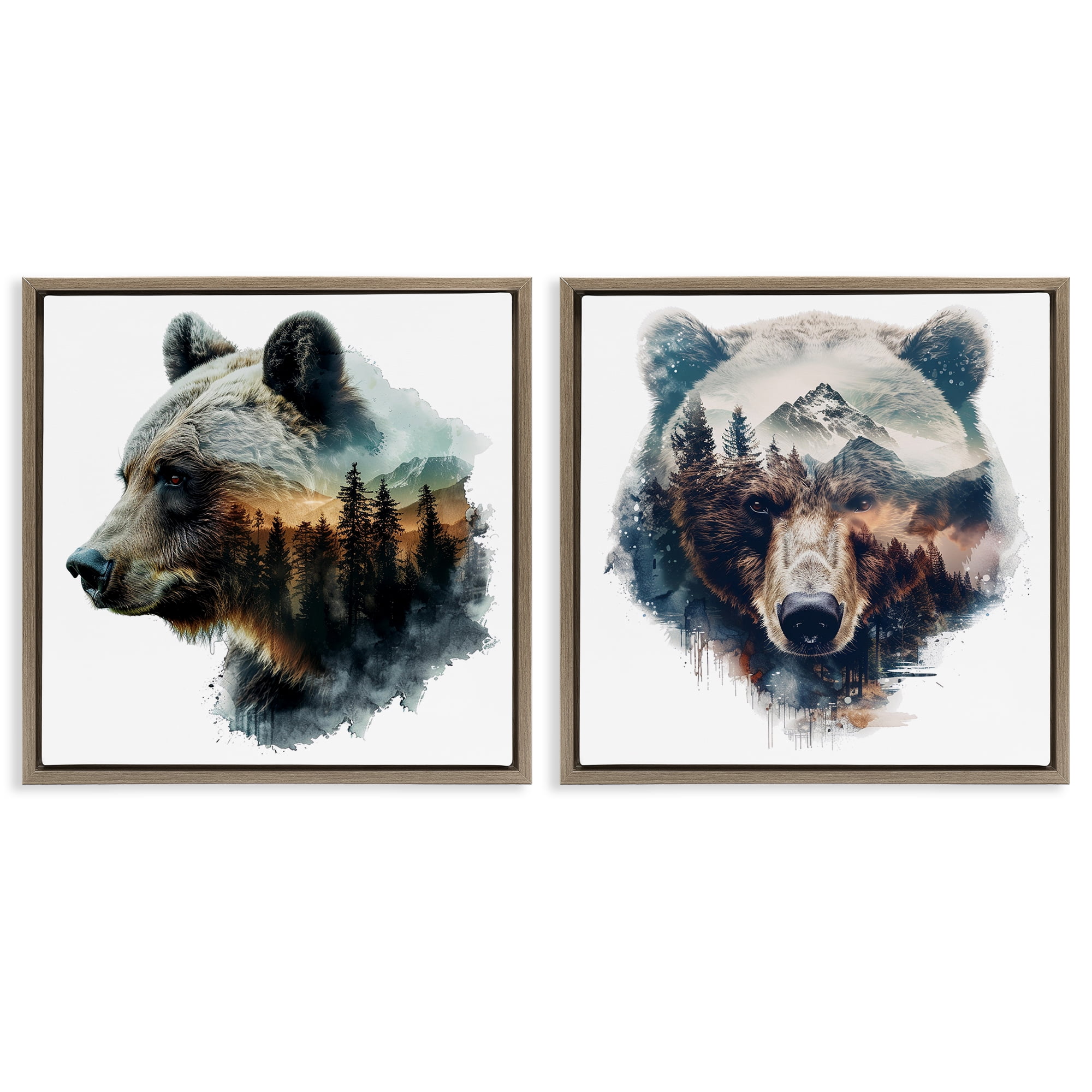 Stupell Industries Woodland Bear Forest Silhouettes Animals Painting Brown Floater Framed Canvas Art Print Wall Art, 25 x 25, Set of 2
