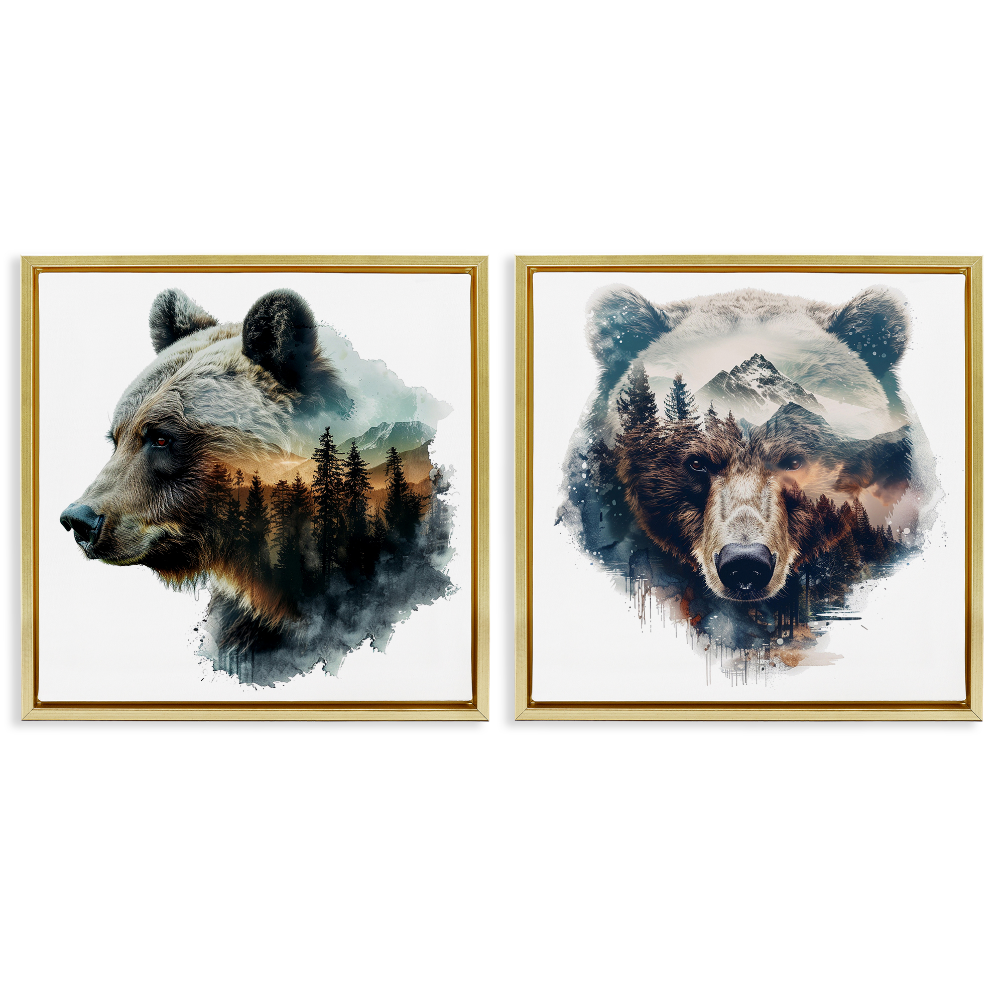 Stupell Industries Woodland Bear Forest Silhouettes Animals Painting Gold Floater Framed Canvas Art Print Wall Art, 18 x 18, Set of 2