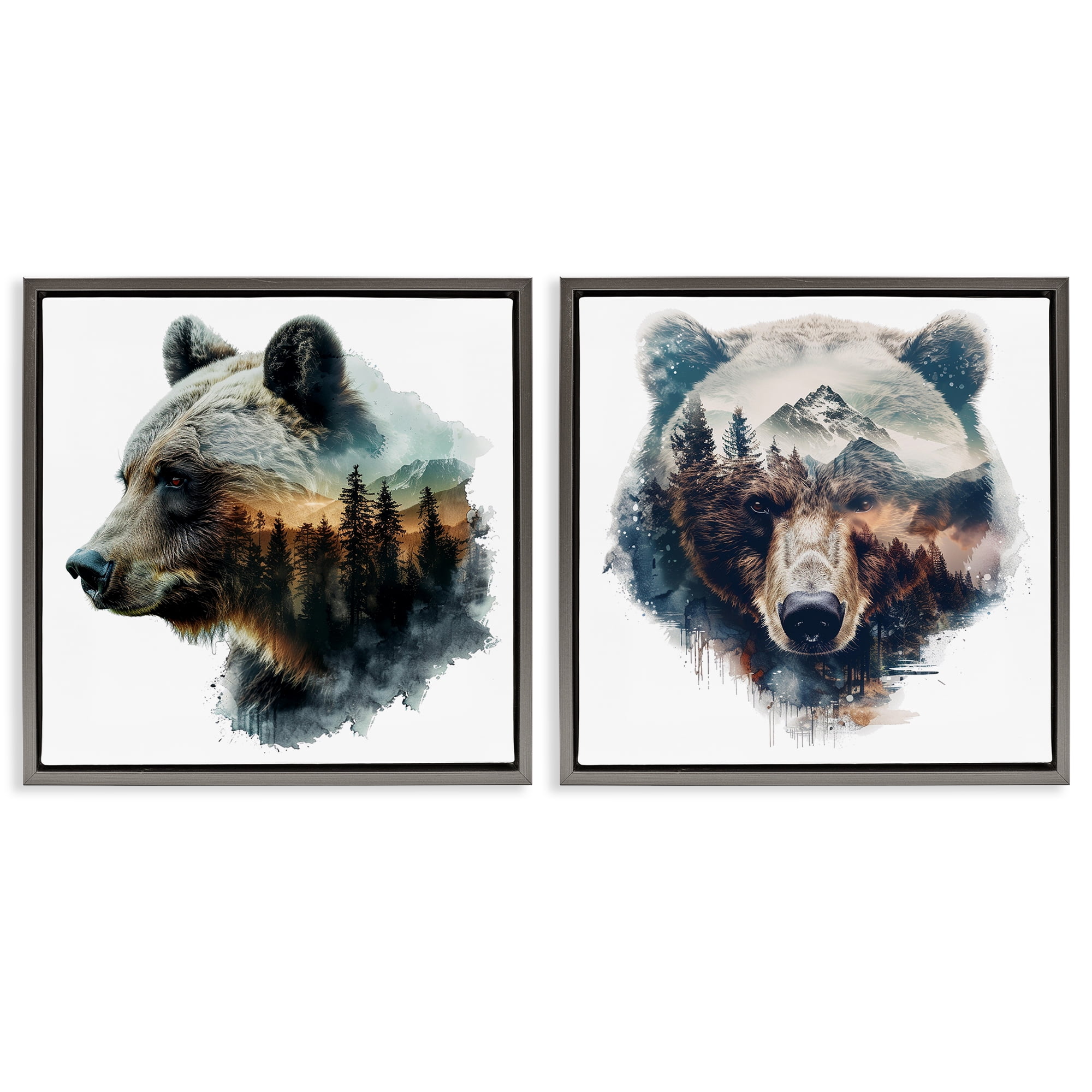 Stupell Industries Woodland Bear Forest Silhouettes Animals Painting Gray Floater Framed Canvas Art Print Wall Art, 18 x 18, Set of 2