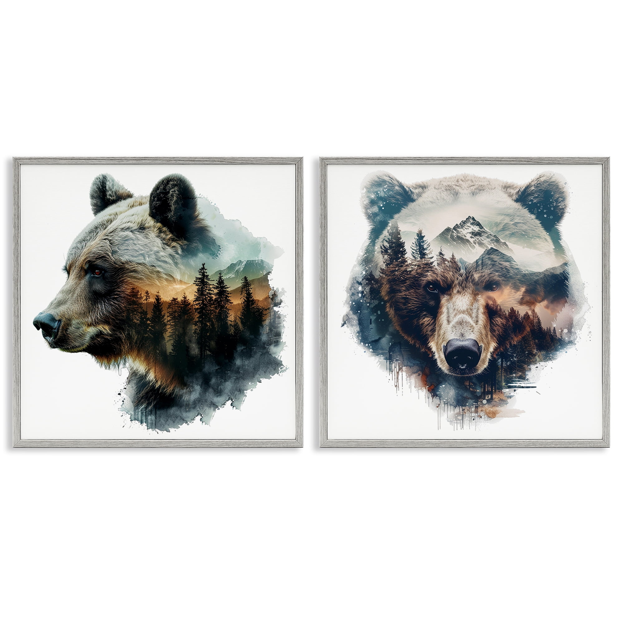Stupell Industries Woodland Bear Forest Silhouettes Animals Painting Gray Framed Art Print Wall Art, 24 x 24, Set of 2