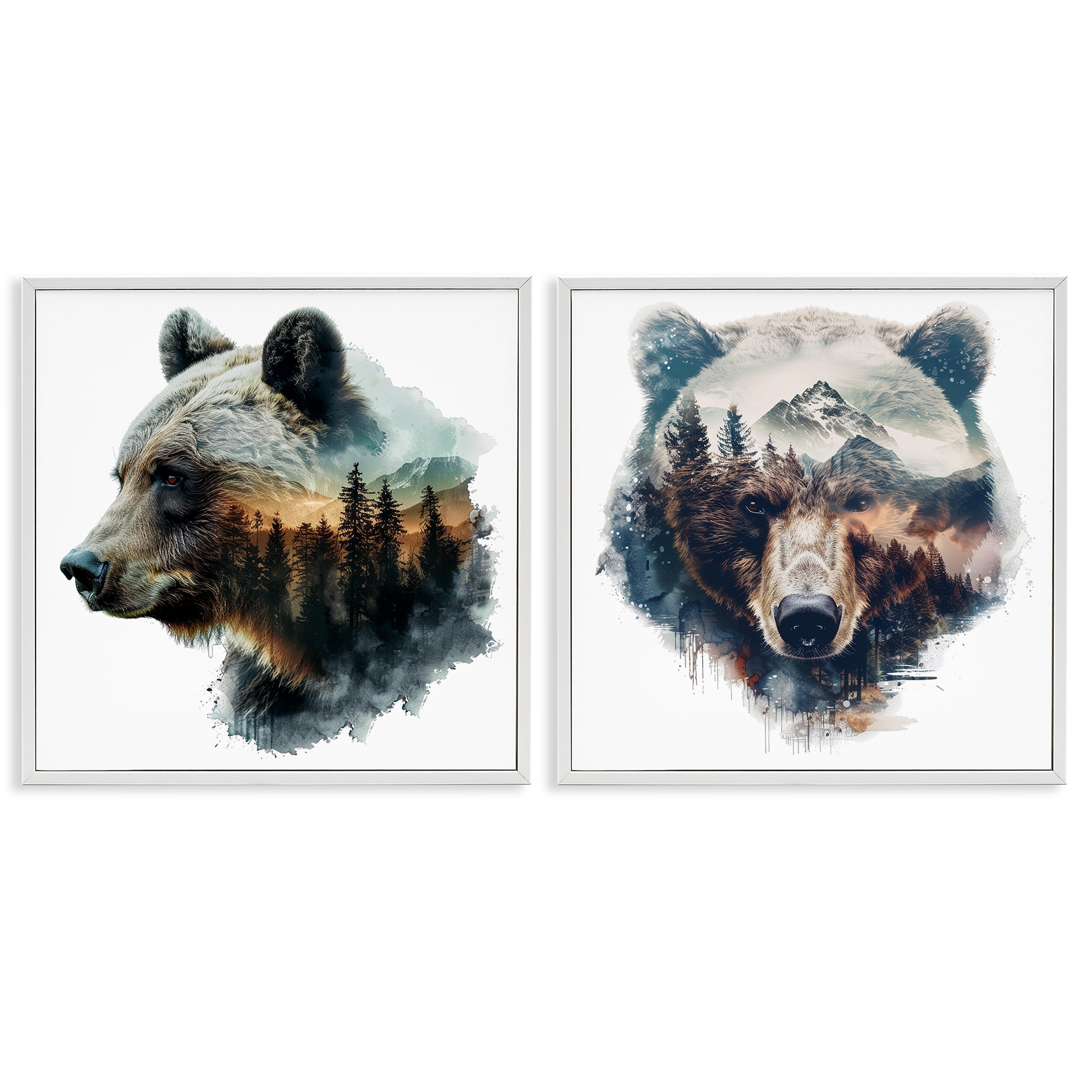 Stupell Industries Woodland Bear Forest Silhouettes Animals Painting White Framed Art Print Wall Art, 24 x 24, Set of 2