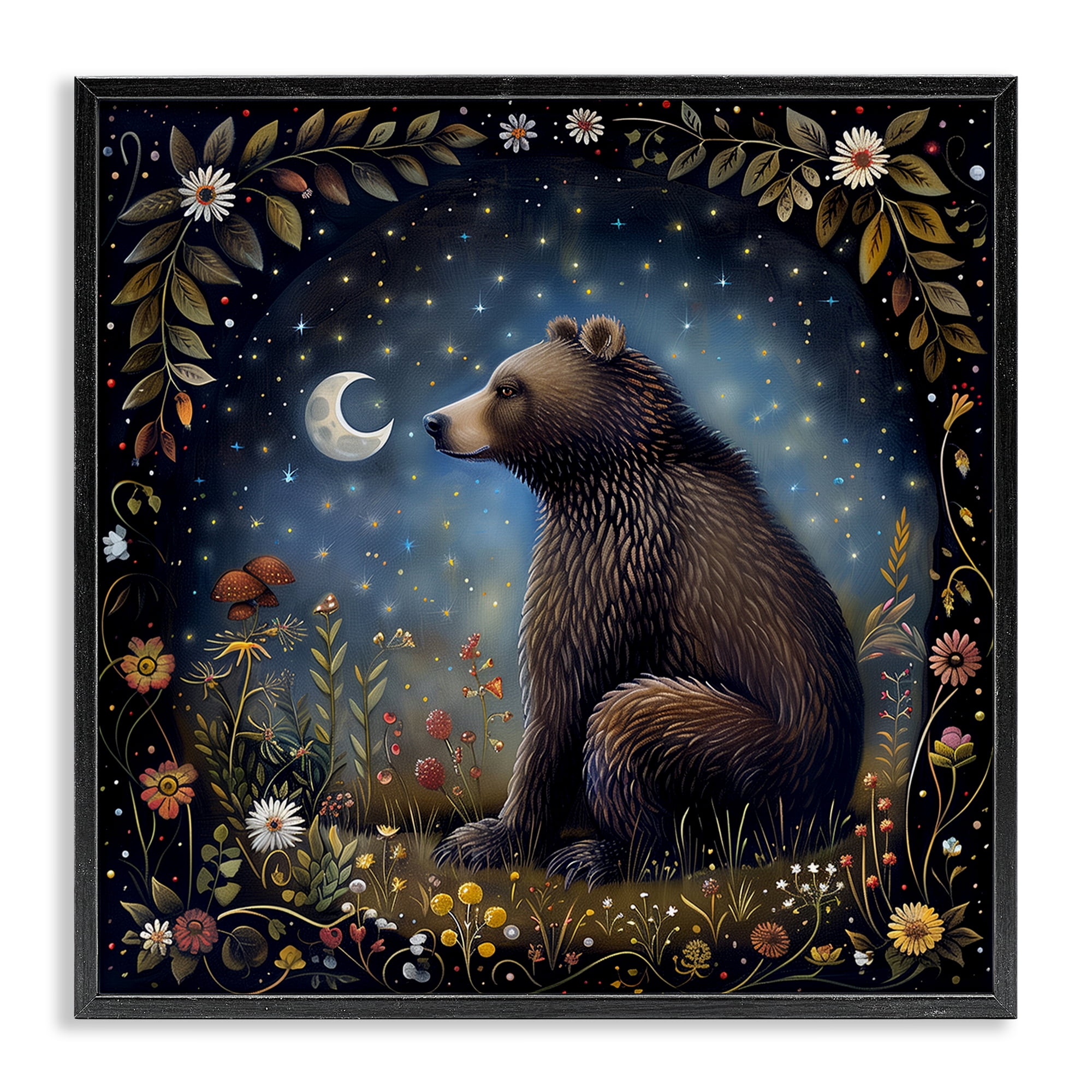 Stupell Industries Woodland Bear Night Forest Animals Painting Black Framed Art Print Wall Art, 17 x 17