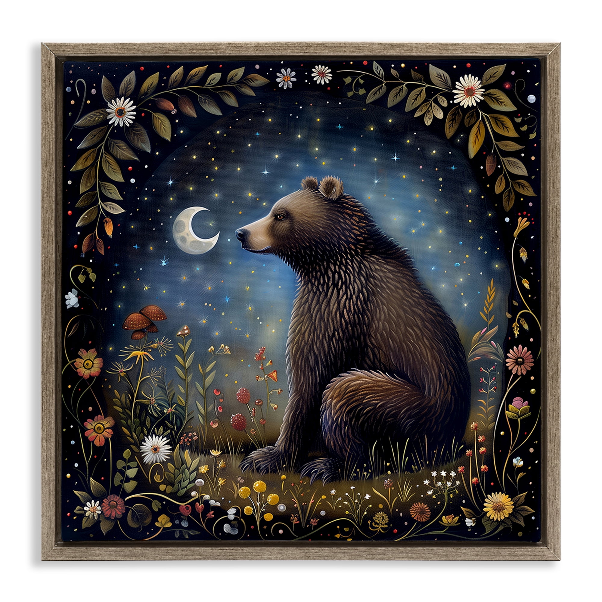 Stupell Industries Woodland Bear Night Forest Animals Painting Brown Floater Framed Canvas Art Print Wall Art, 18 x 18