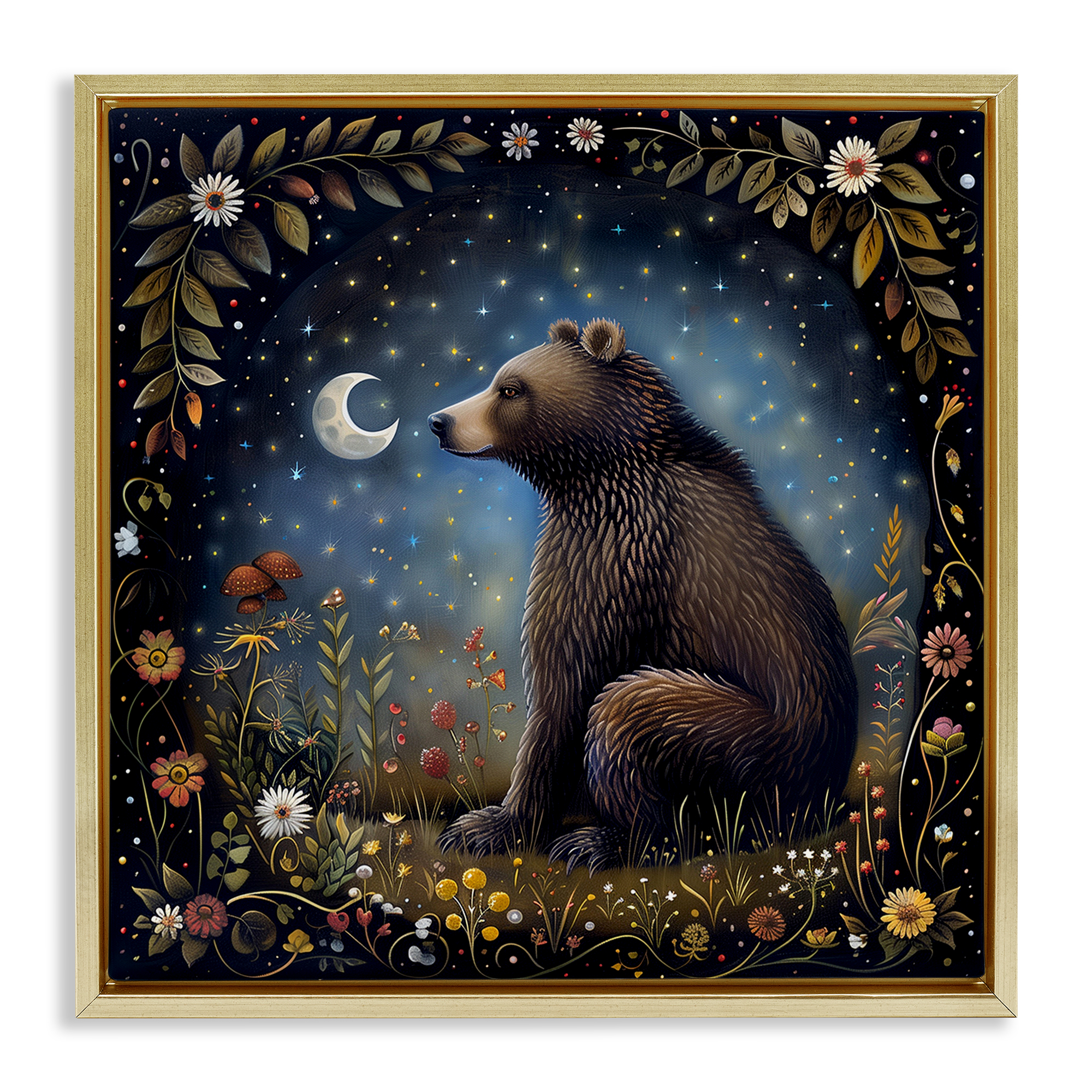 Stupell Industries Woodland Bear Night Forest Animals Painting Gold Floater Framed Canvas Art Print Wall Art, 18 x 18