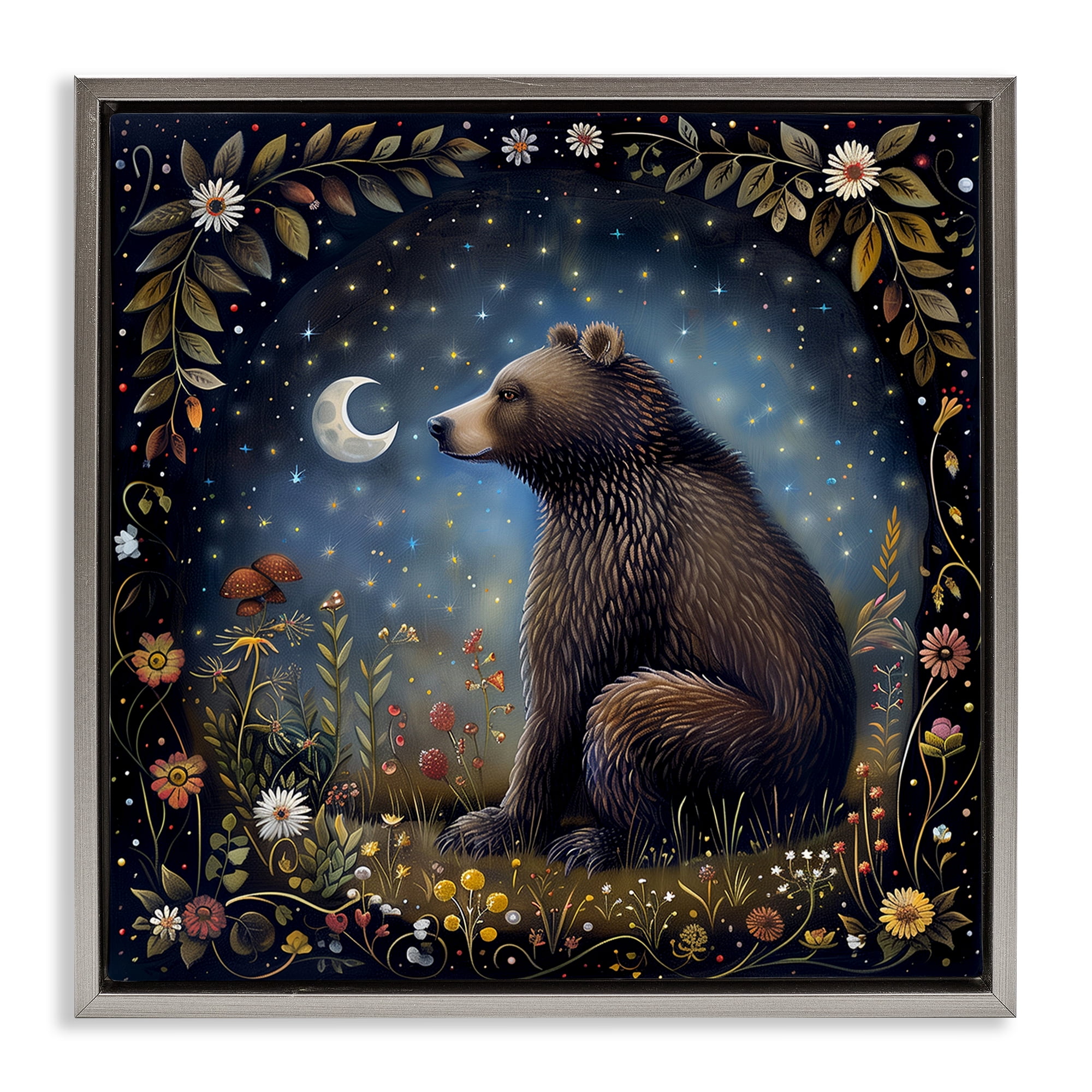 Stupell Industries Woodland Bear Night Forest Animals Painting Gray Floater Framed Canvas Art Print Wall Art, 25 x 25