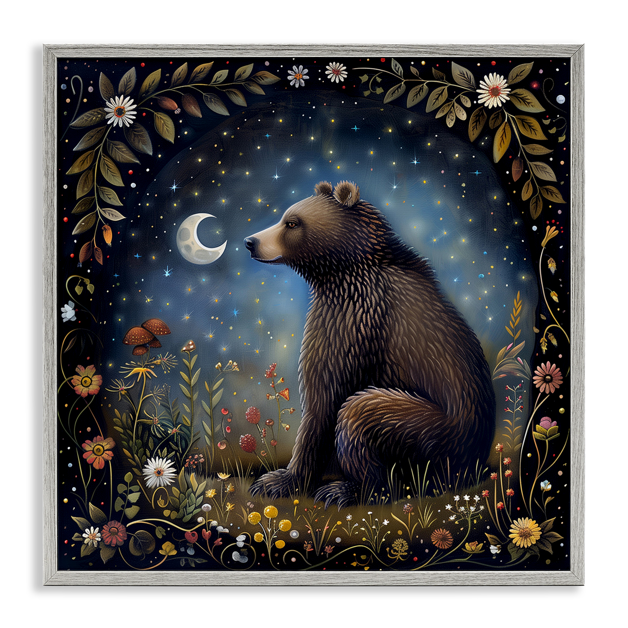 Stupell Industries Woodland Bear Night Forest Animals Painting Gray Framed Art Print Wall Art, 12 x 12