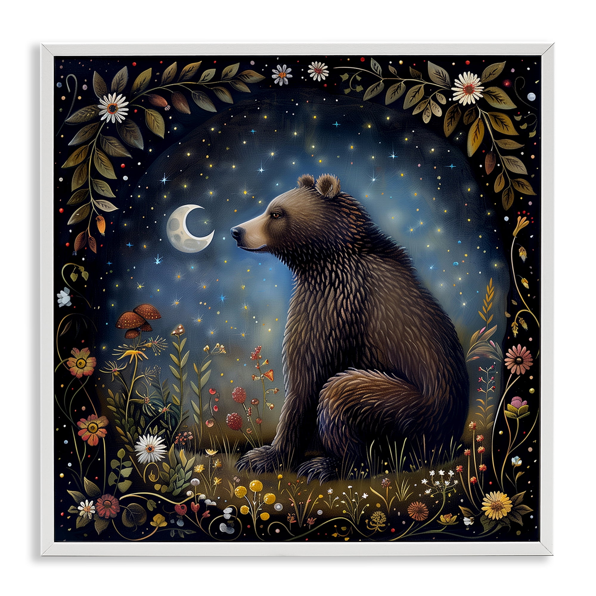 Stupell Industries Woodland Bear Night Forest Animals Painting White Framed Art Print Wall Art, 12 x 12