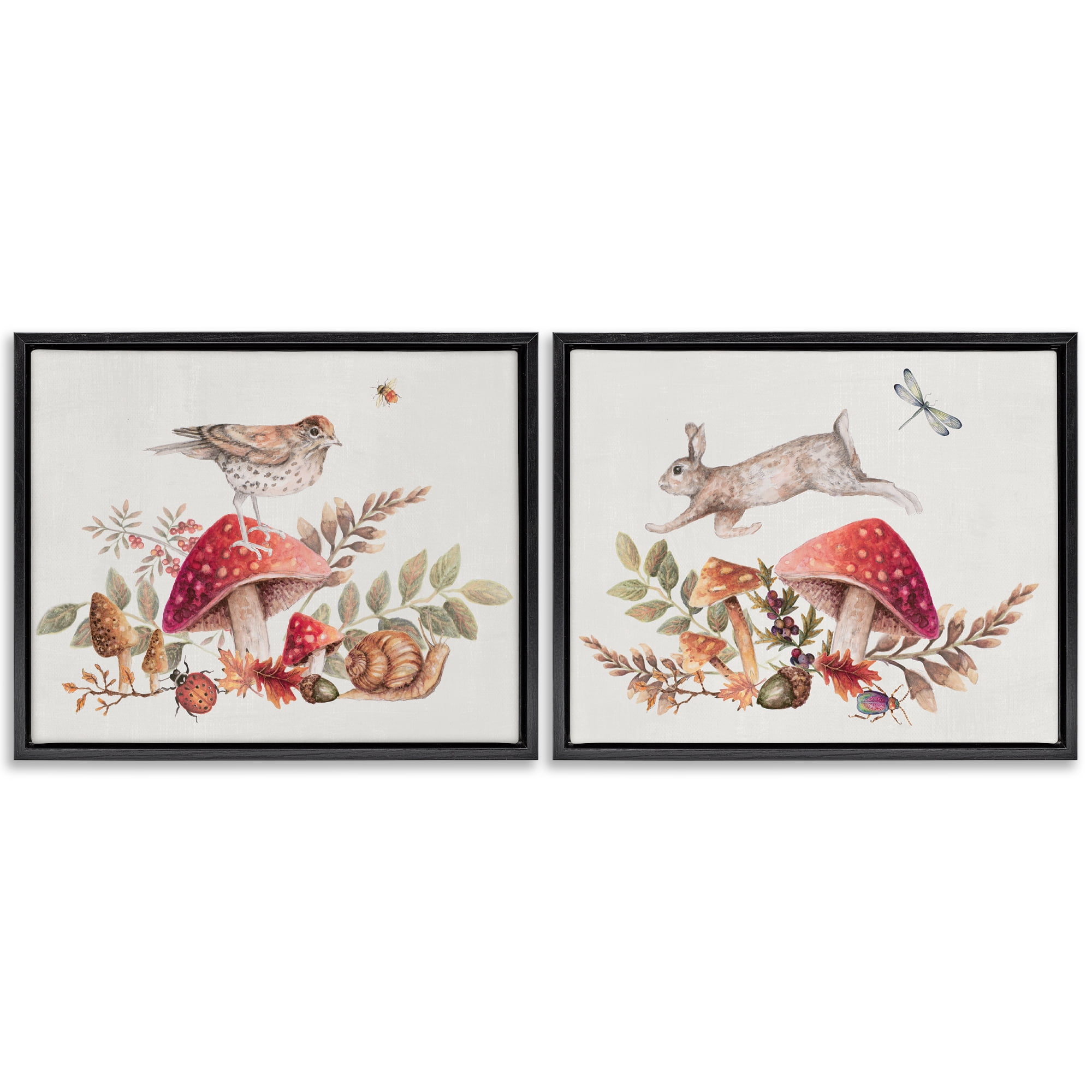 Stupell Industries Woodland Bird Rabbit Mushrooms Plants & Flowers Painting Black Floater Framed Canvas Art Print Wall Art, 21 x 17, Set of 2