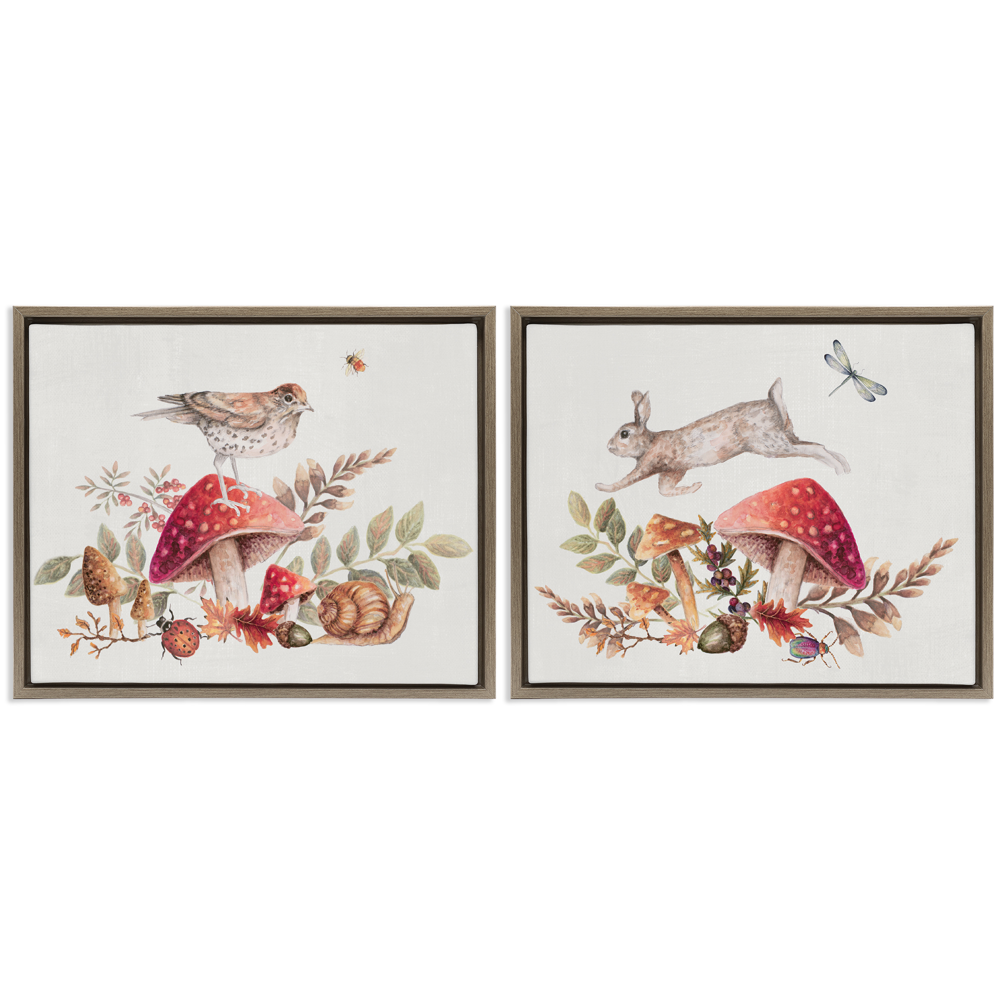 Stupell Industries Woodland Bird Rabbit Mushrooms Plants & Flowers Painting Brown Floater Framed Canvas Art Print Wall Art, 31 x 25, Set of 2