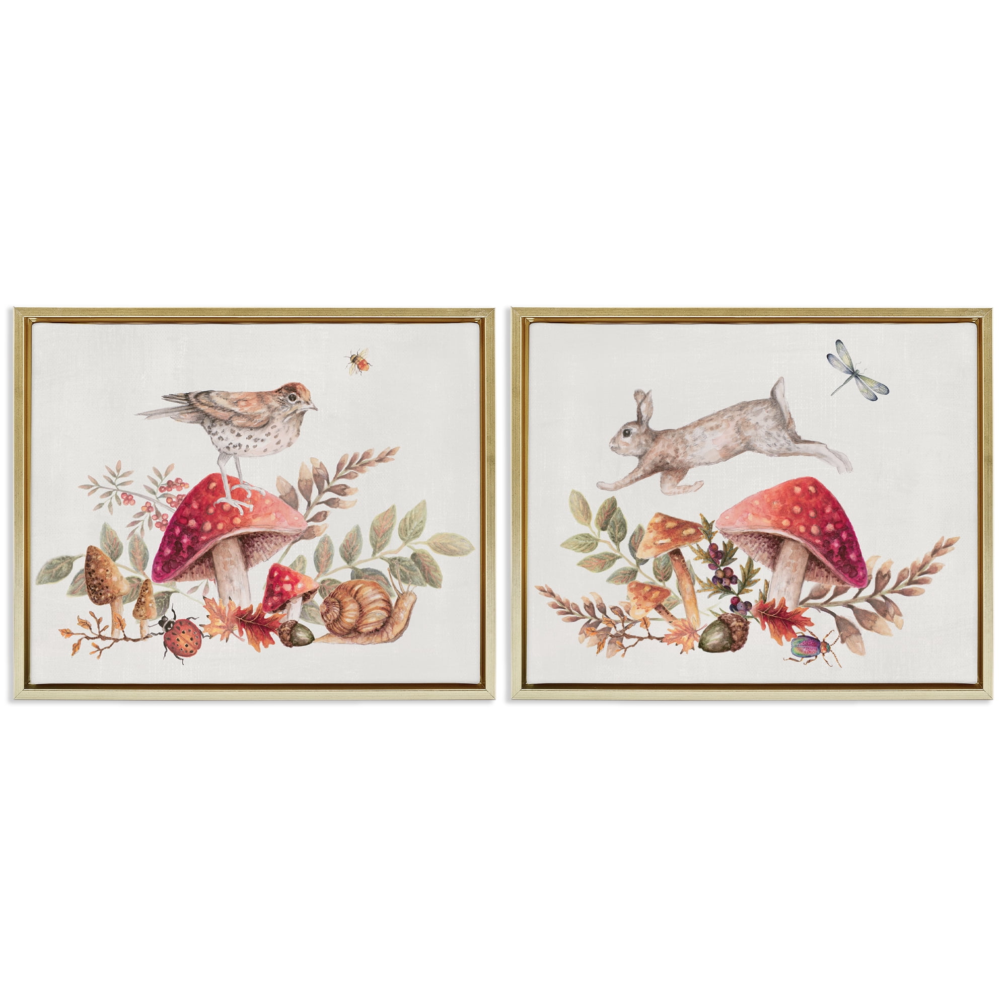 Stupell Industries Woodland Bird Rabbit Mushrooms Plants & Flowers Painting Gold Floater Framed Canvas Art Print Wall Art, 31 x 25, Set of 2