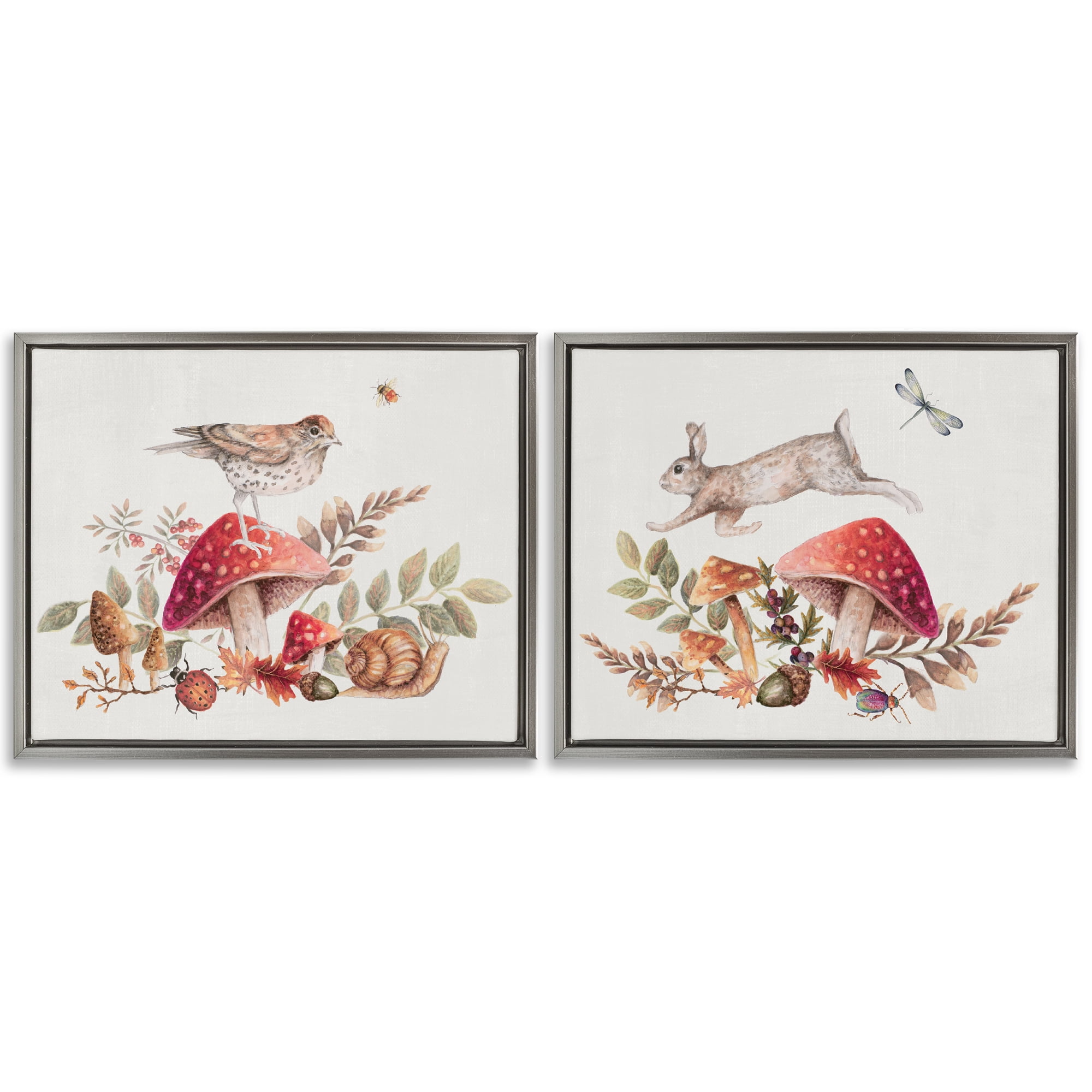 Stupell Industries Woodland Bird Rabbit Mushrooms Plants & Flowers Painting Gray Floater Framed Canvas Art Print Wall Art, 31 x 25, Set of 2