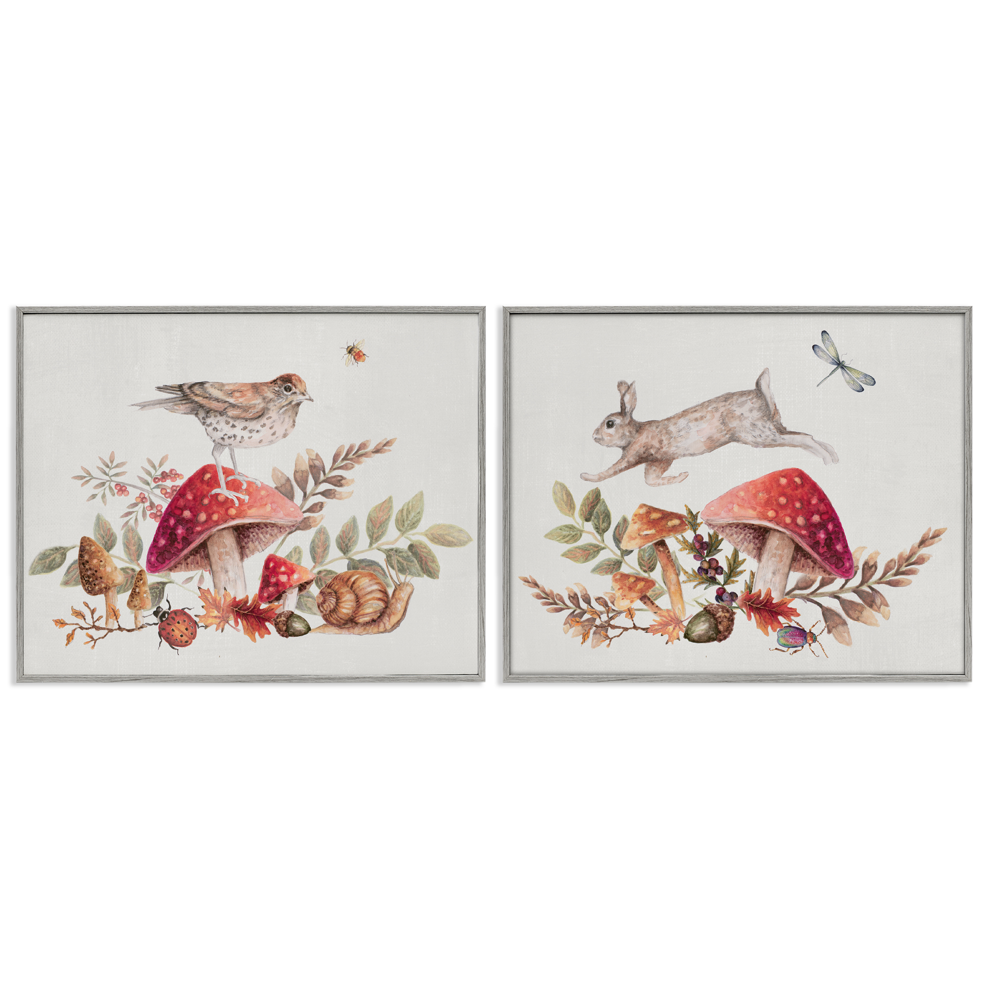 Stupell Industries Woodland Bird Rabbit Mushrooms Plants & Flowers Painting Gray Framed Art Print Wall Art, 20 x 16, Set of 2