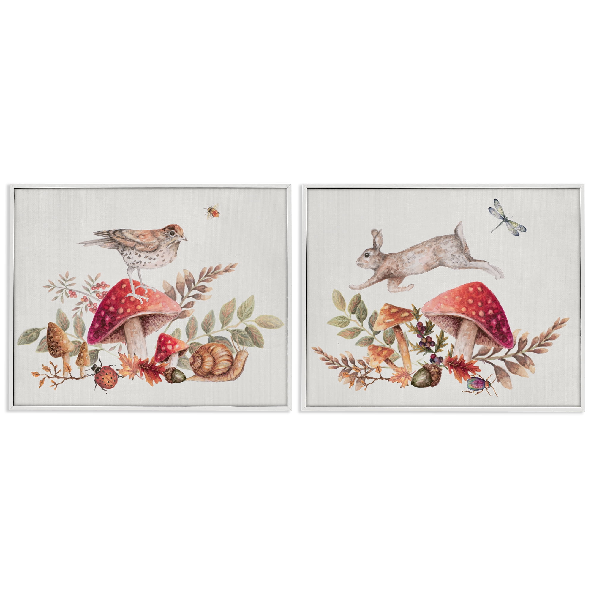 Stupell Industries Woodland Bird Rabbit Mushrooms Plants & Flowers Painting White Framed Art Print Wall Art, 20 x 16, Set of 2
