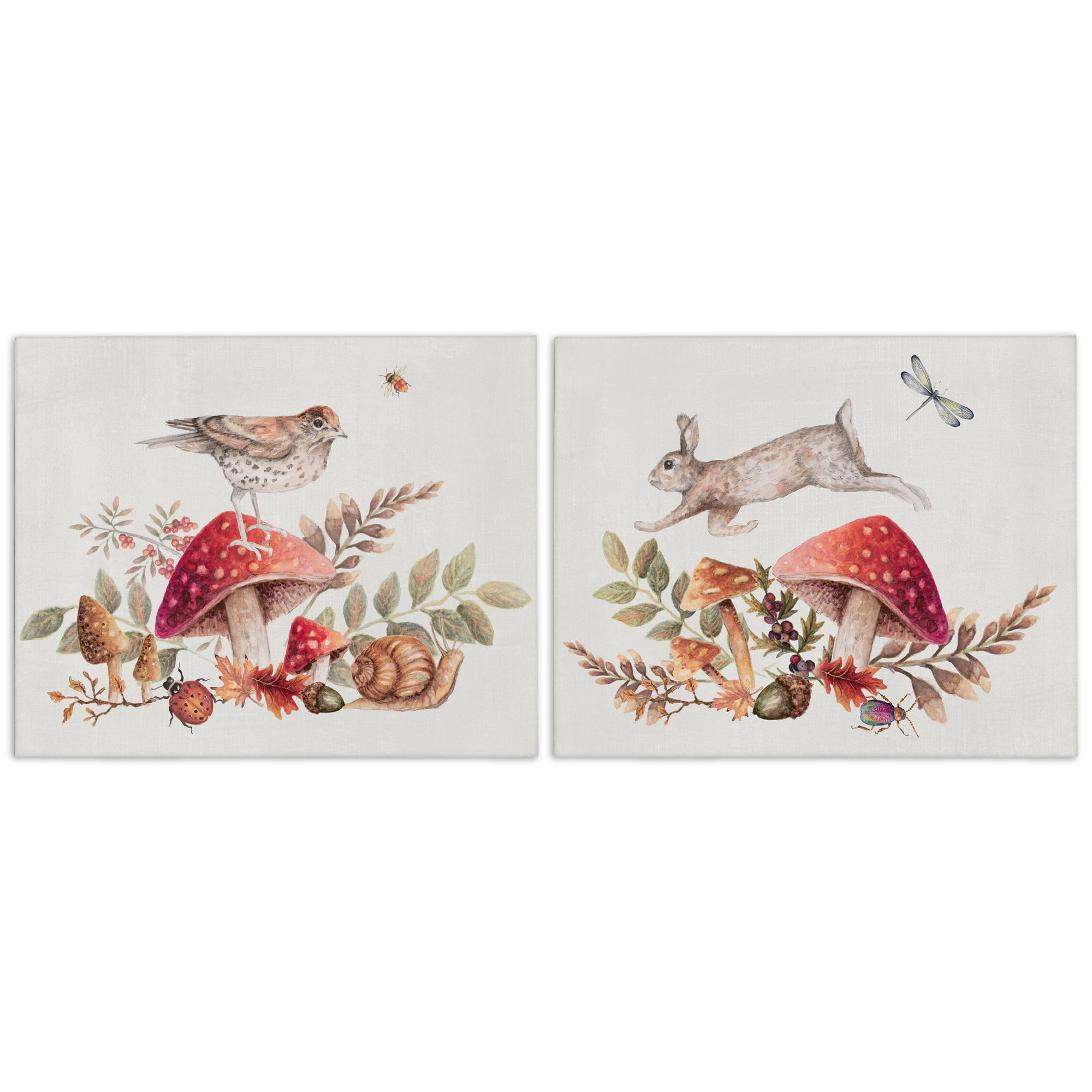 Stupell Industries Woodland Bird Rabbit Mushrooms Plants & Flowers Painting Wrapped Canvas Art Print Wall Art, 30 x 24, Set of 2