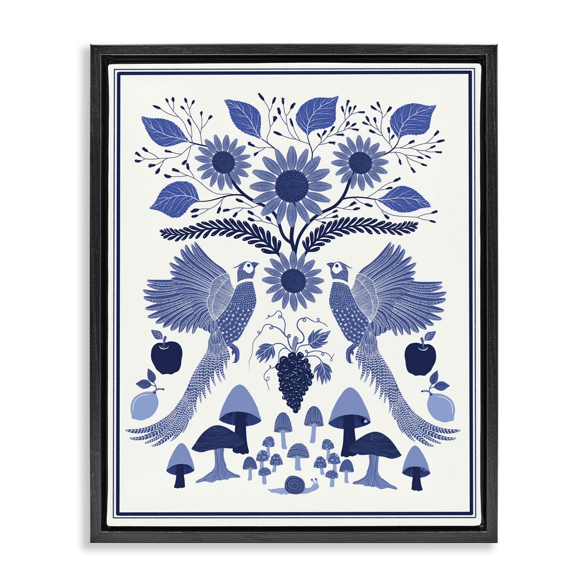 Stupell Industries Woodland Blue Folk Pattern Plants & Flowers Painting Black Floater Framed Canvas Art Print Wall Art, 25 x 31