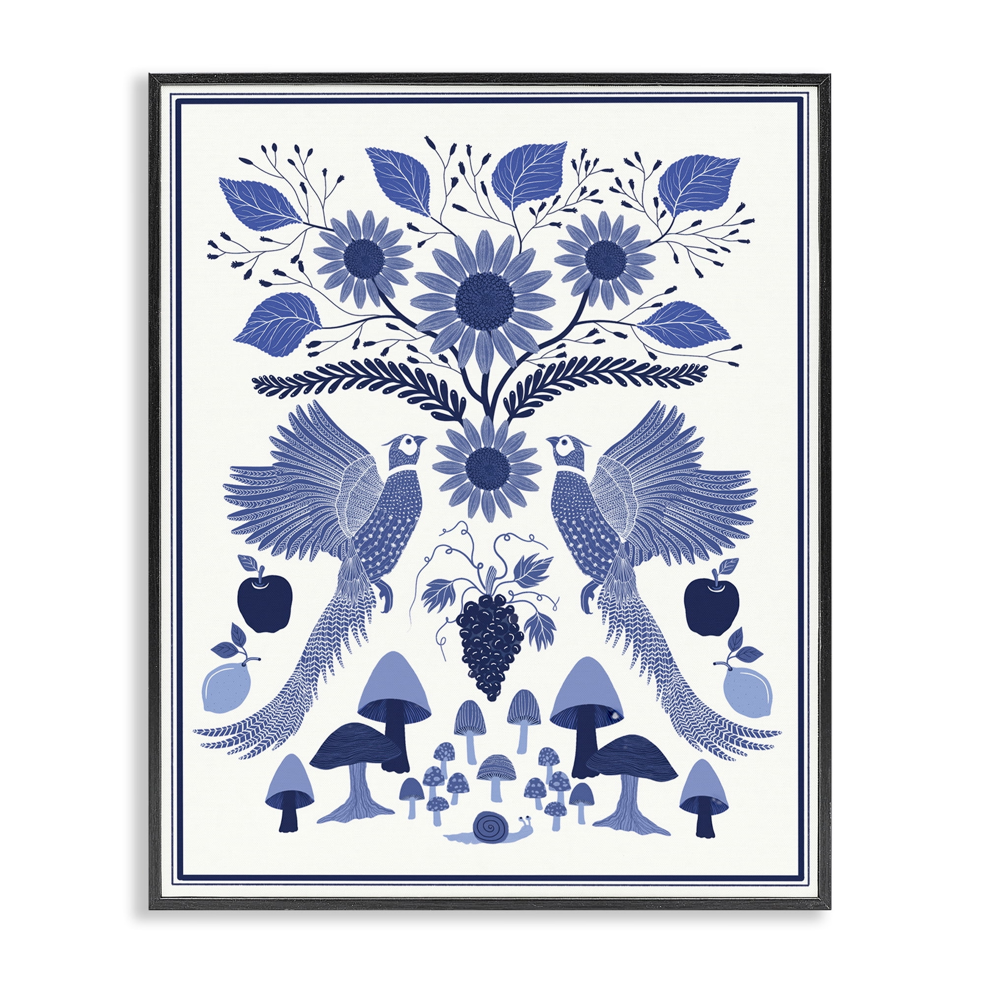 Stupell Industries Woodland Blue Folk Pattern Plants & Flowers Painting Black Framed Art Print Wall Art, 11 x 14