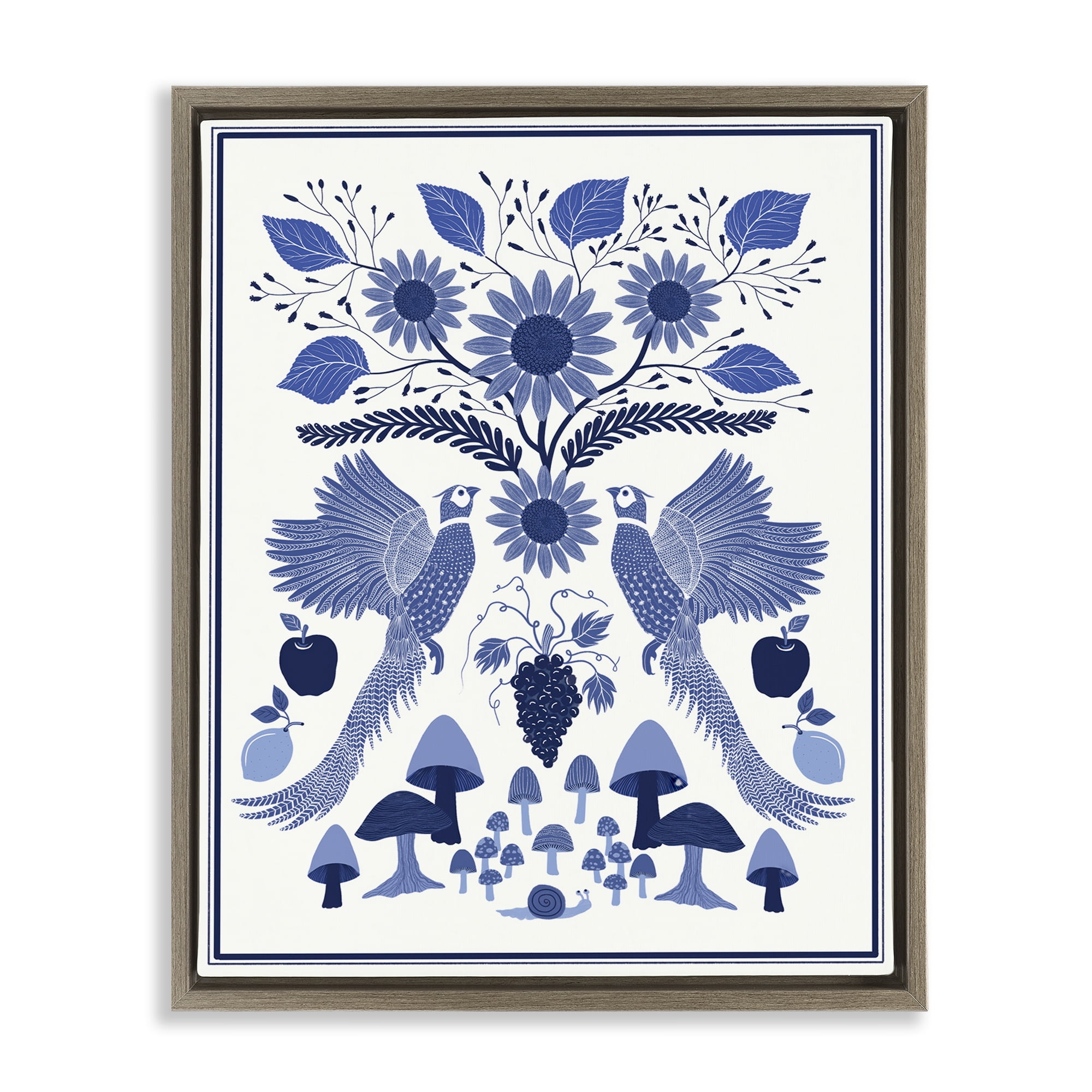 Stupell Industries Woodland Blue Folk Pattern Plants & Flowers Painting Brown Floater Framed Canvas Art Print Wall Art, 25 x 31