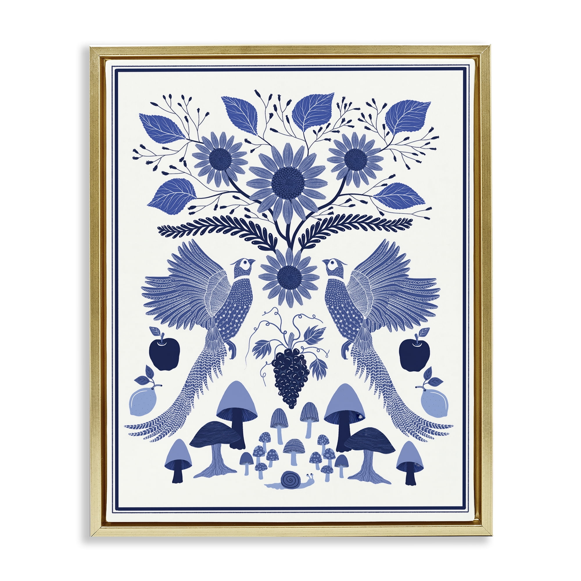 Stupell Industries Woodland Blue Folk Pattern Plants & Flowers Painting Gold Floater Framed Canvas Art Print Wall Art, 17 x 21