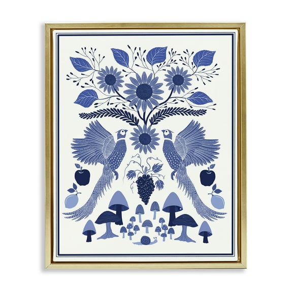 Stupell Industries Woodland Blue Folk Pattern Plants & Flowers Painting Gold Floater Framed Canvas Art Print Wall Art, 17 x 21