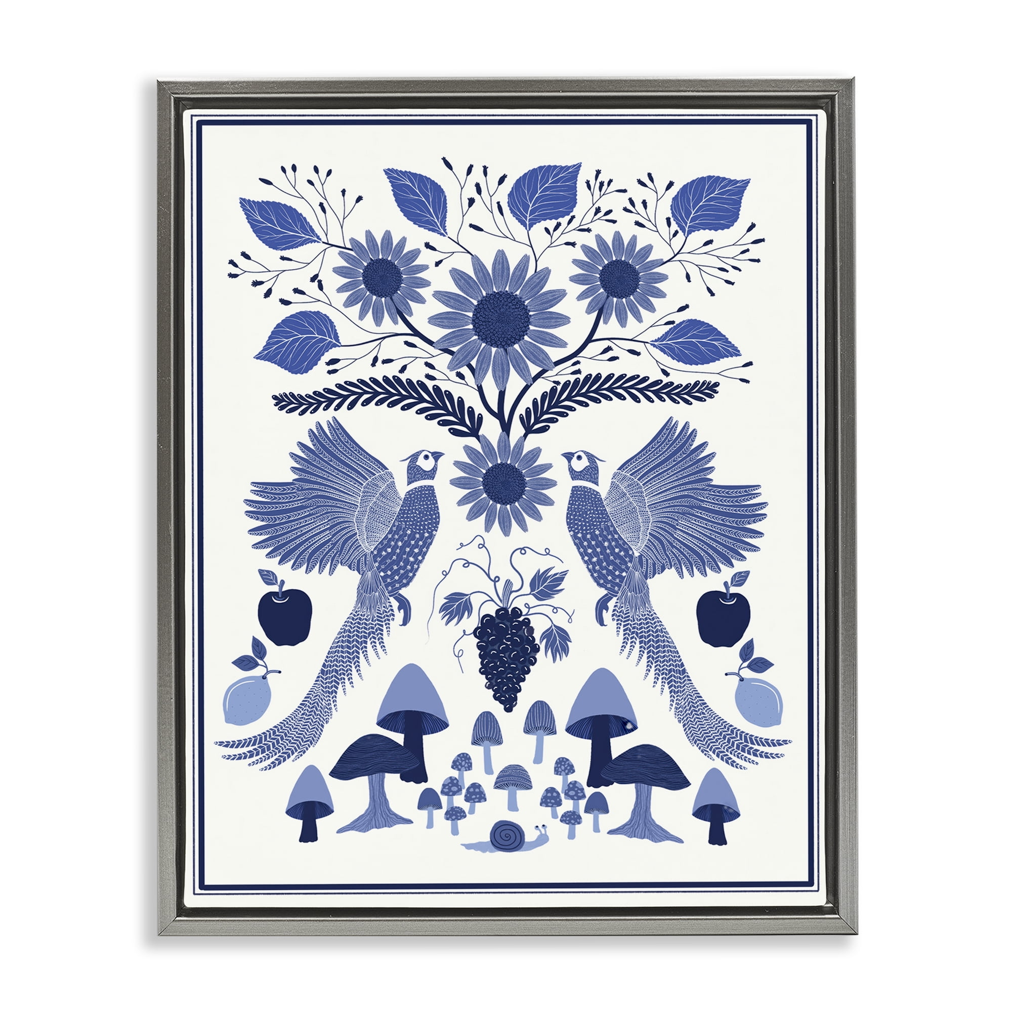 Stupell Industries Woodland Blue Folk Pattern Plants & Flowers Painting Gray Floater Framed Canvas Art Print Wall Art, 25 x 31