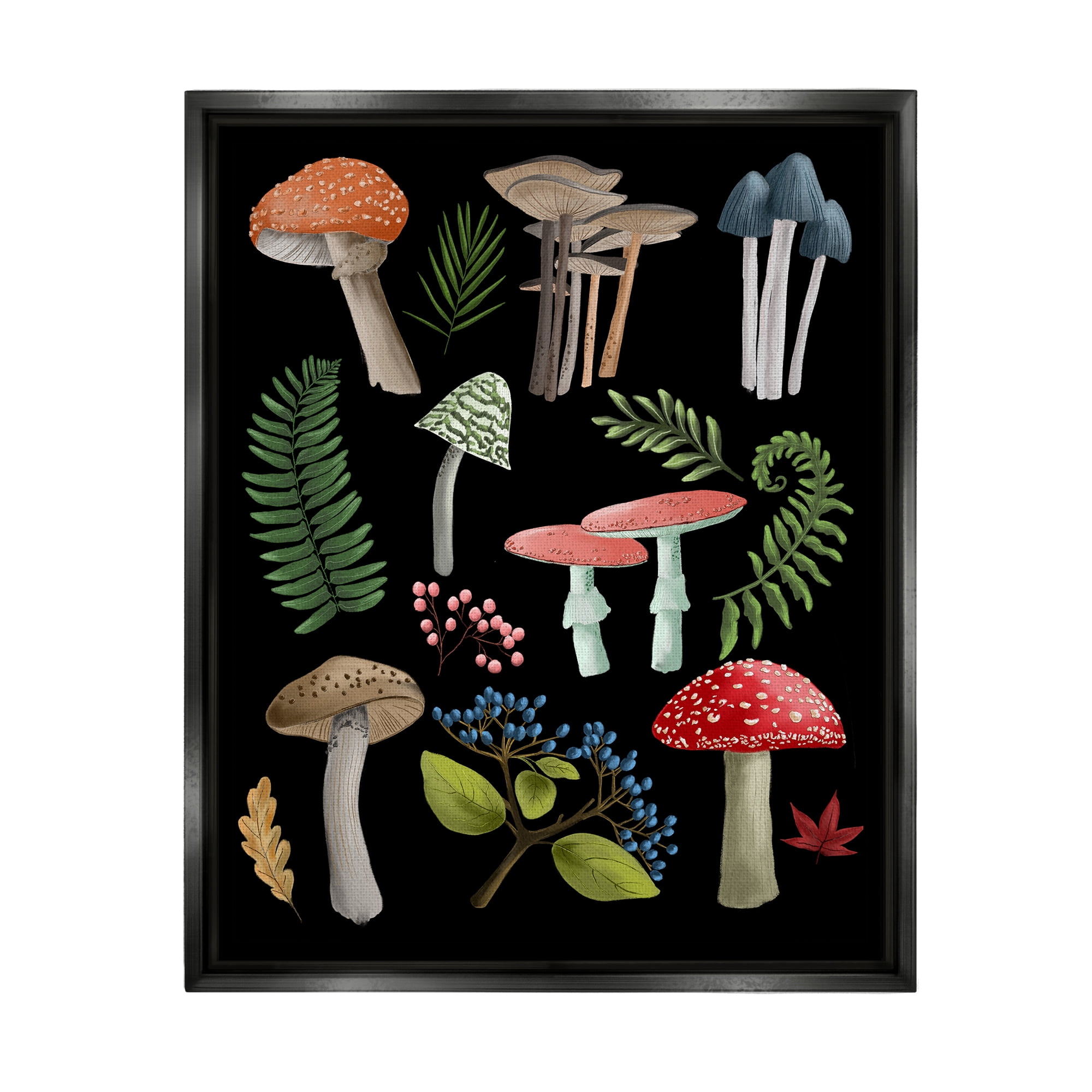 Stupell Industries Woodland Botanicals on Black Botanical & Floral Painting Black Floater Framed Canvas Art Print Wall Art, 17 x 21