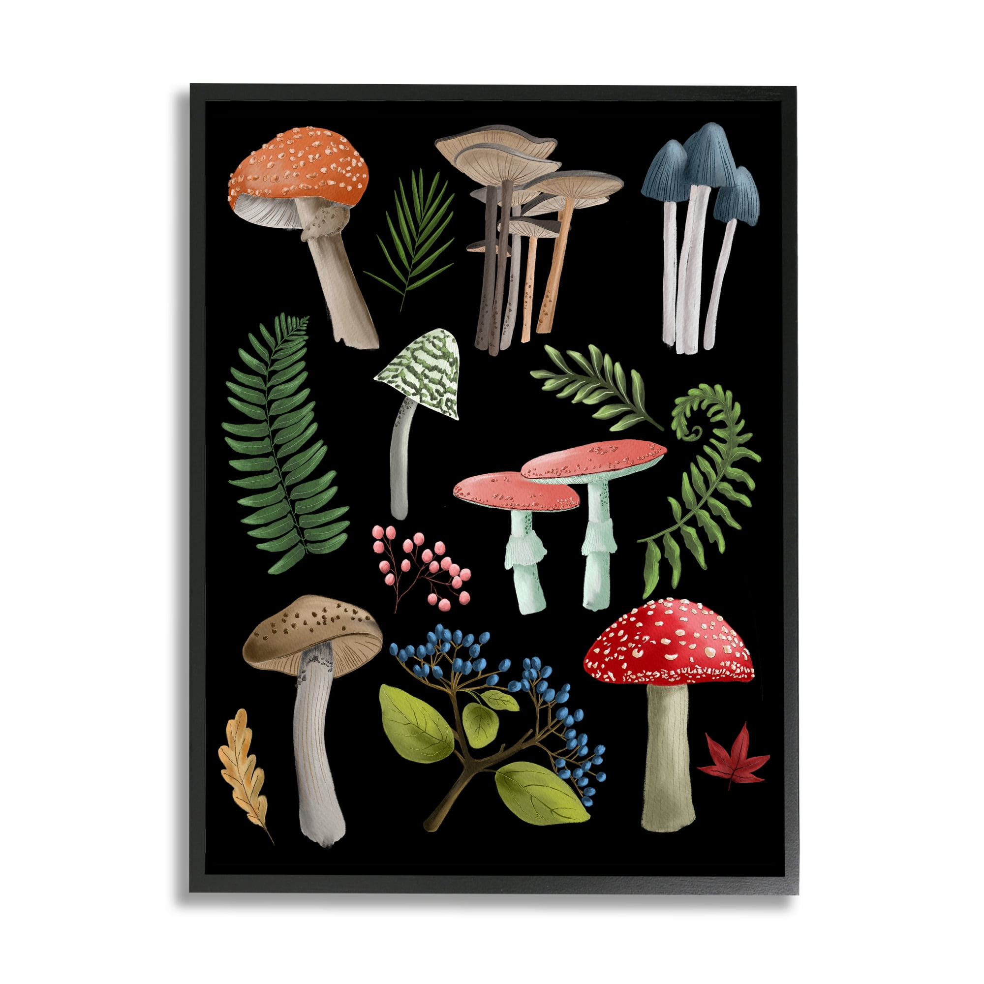 Stupell Industries Woodland Botanicals on Black Botanical & Floral Painting Black Framed Art Print Wall Art, 24 x 30