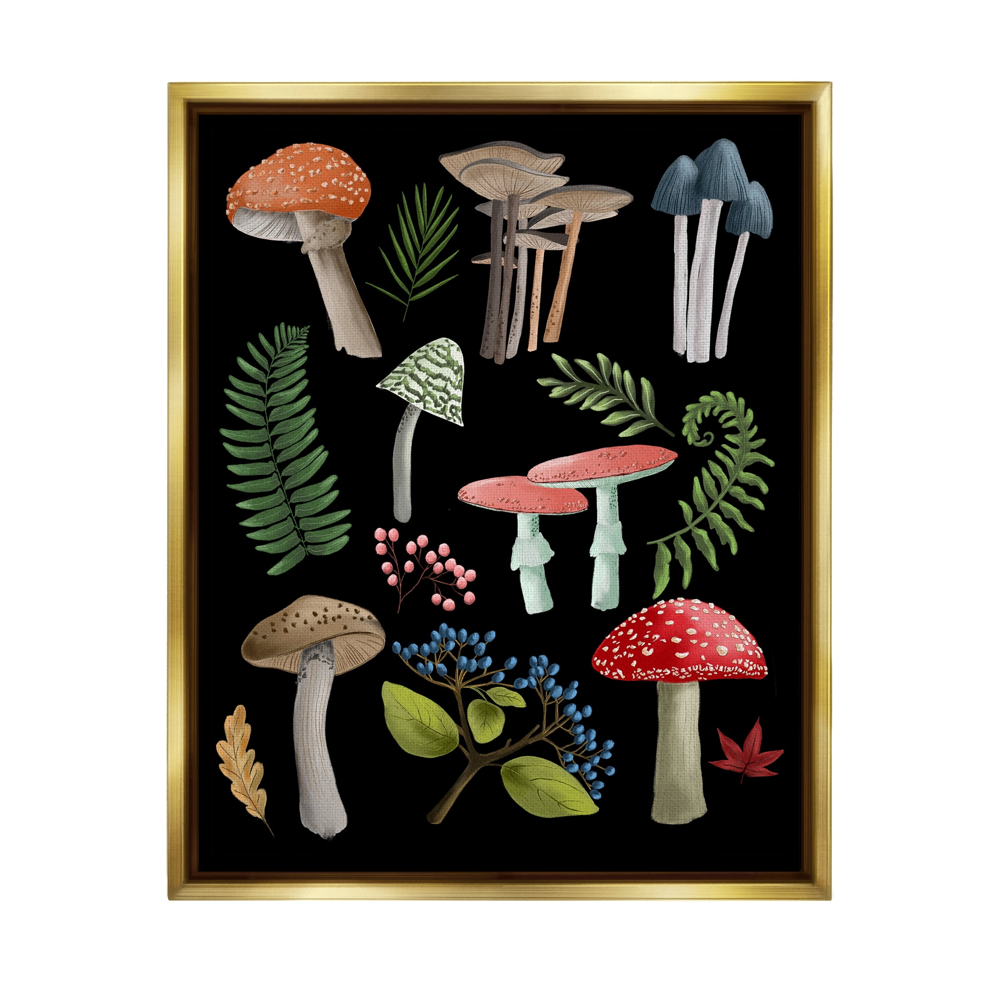 Stupell Industries Woodland Botanicals on Black Botanical & Floral Painting Gold Floater Framed Canvas Art Print Wall Art, 25 x 31