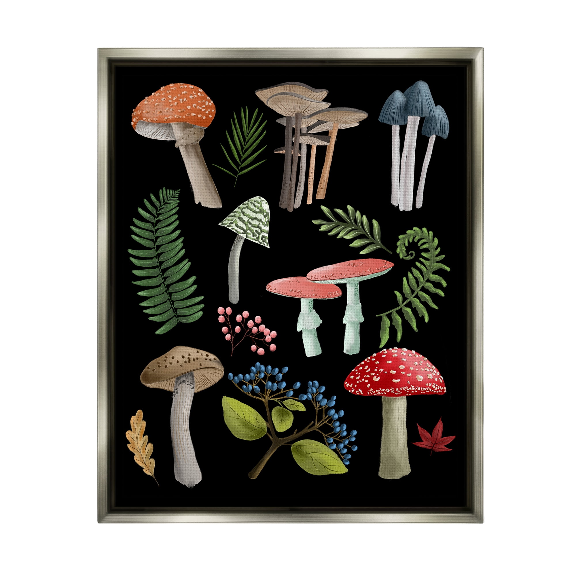 Stupell Industries Woodland Botanicals on Black Botanical & Floral Painting Gray Floater Framed Canvas Art Print Wall Art, 17 x 21