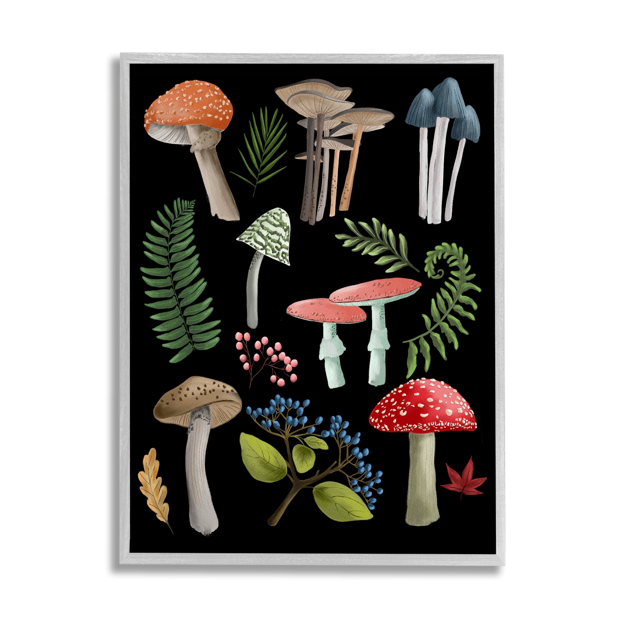 Stupell Industries Woodland Botanicals on Black Botanical & Floral Painting Gray Framed Art Print Wall Art, 11 x 14