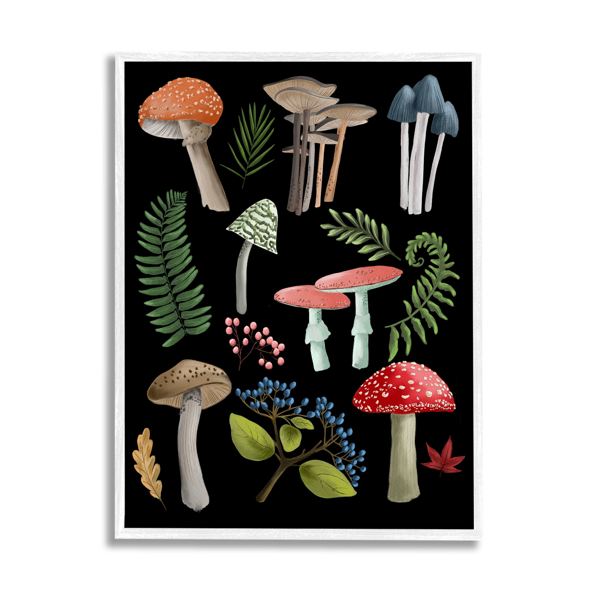Stupell Industries Woodland Botanicals on Black Botanical & Floral Painting White Framed Art Print Wall Art, 24 x 30
