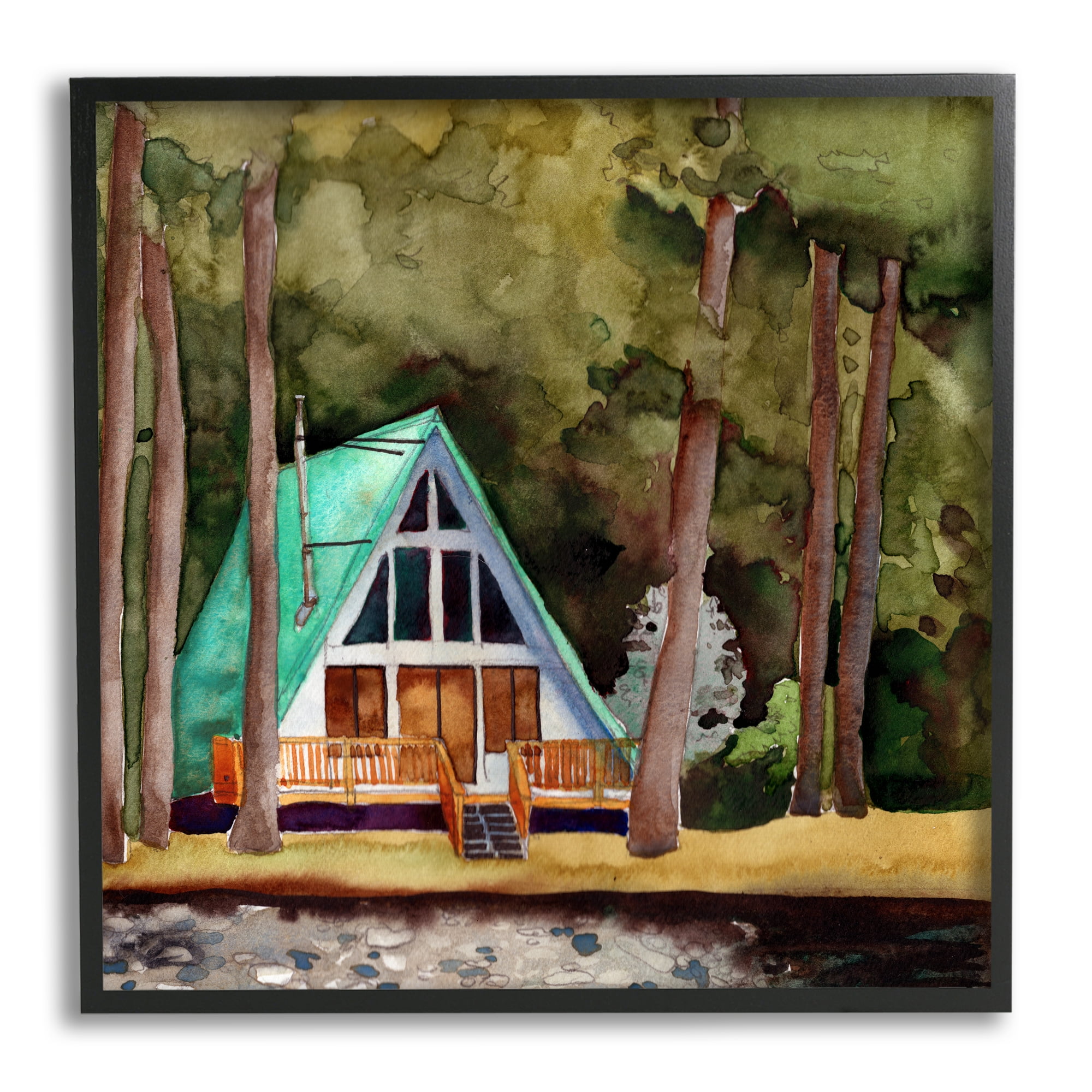 Stupell Industries Woodland Cabin Landscape Landscape Painting Black Framed Art Print Wall Art, 17 x 17