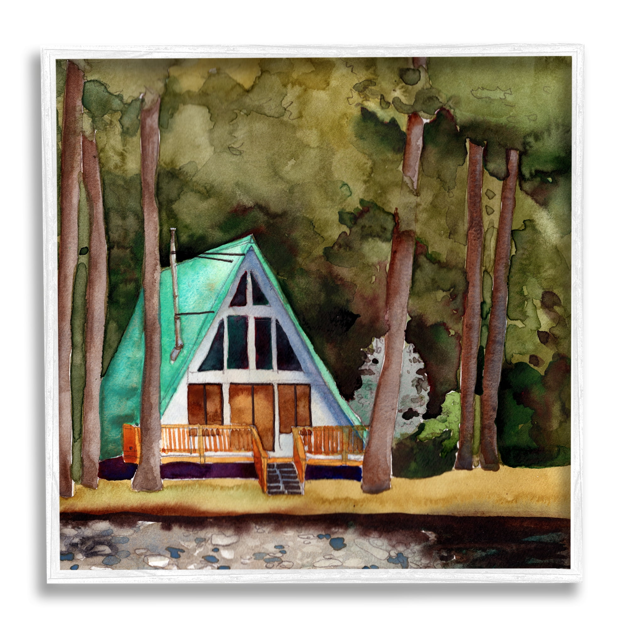 Stupell Industries Woodland Cabin Landscape Landscape Painting White Framed Art Print Wall Art, 17 x 17