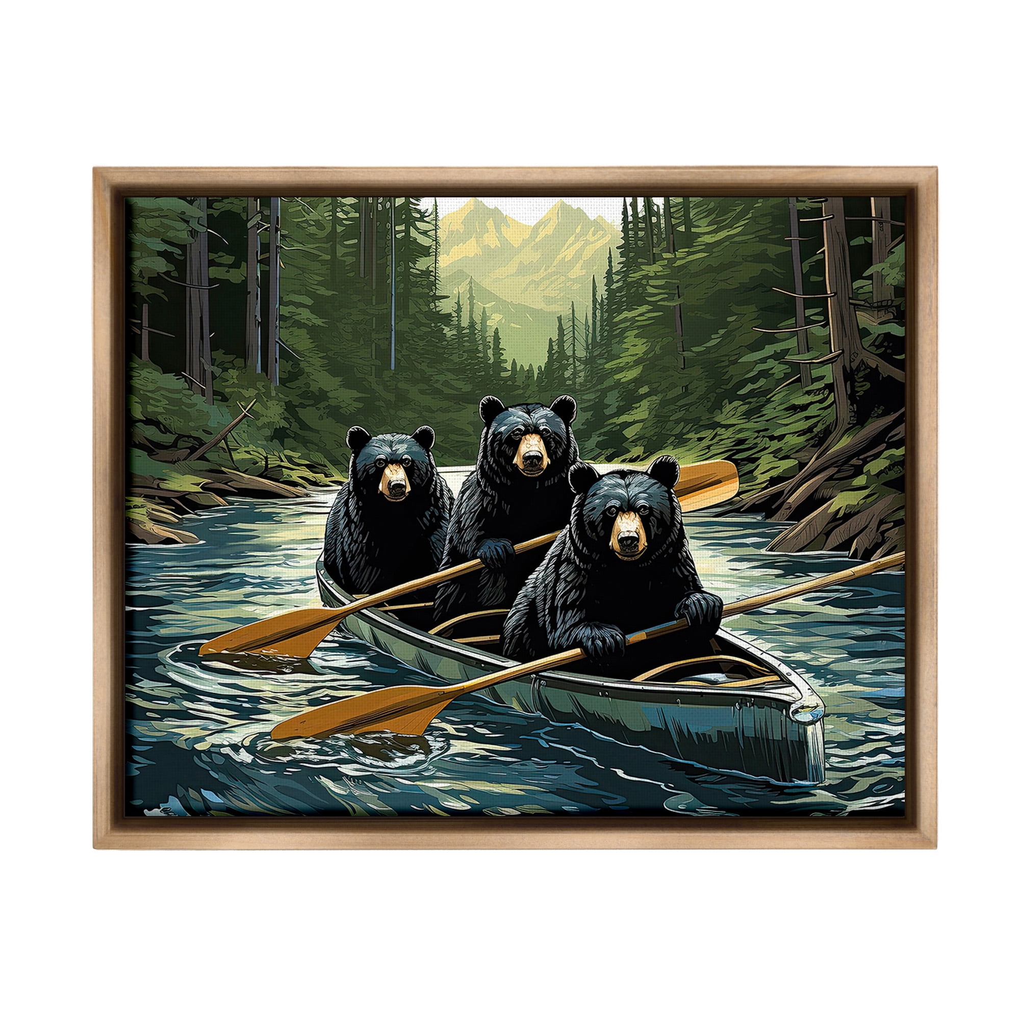 Stupell Industries Woodland Canoeing Bears Animals & Insects Painting Brown Floater Framed Canvas Art Print Wall Art, 31 x 25