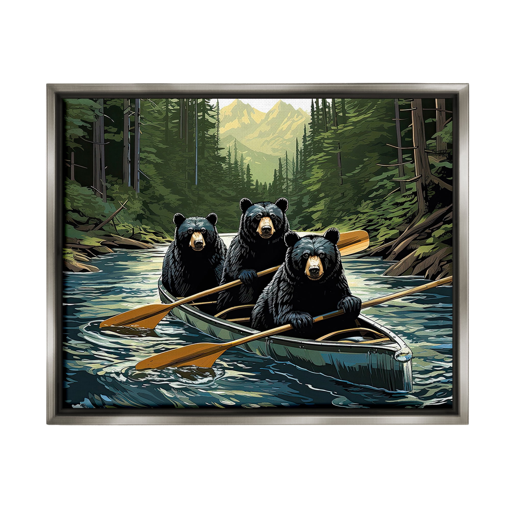 Stupell Industries Woodland Canoeing Bears Animals & Insects Painting Gray Floater Framed Canvas Art Print Wall Art, 31 x 25