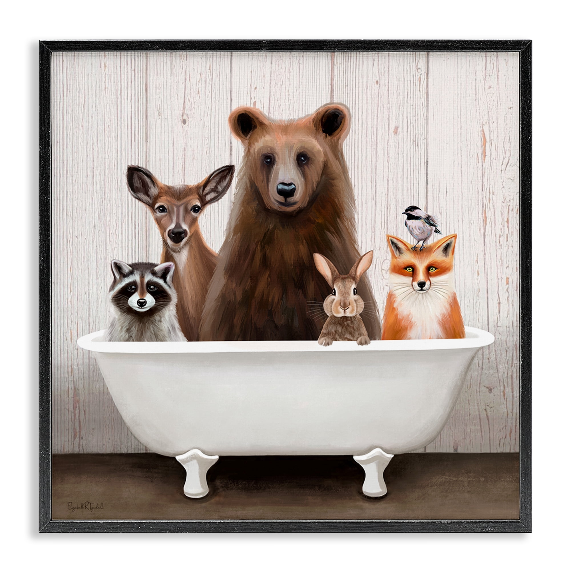 Woodland Creatures Antique Bathtub Black Framed Giclee Art, 24 x 24