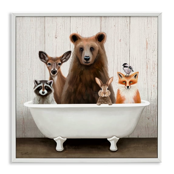 Woodland Creatures Antique Bathtub White Framed Giclee Art, 12 x 12, Made In USA