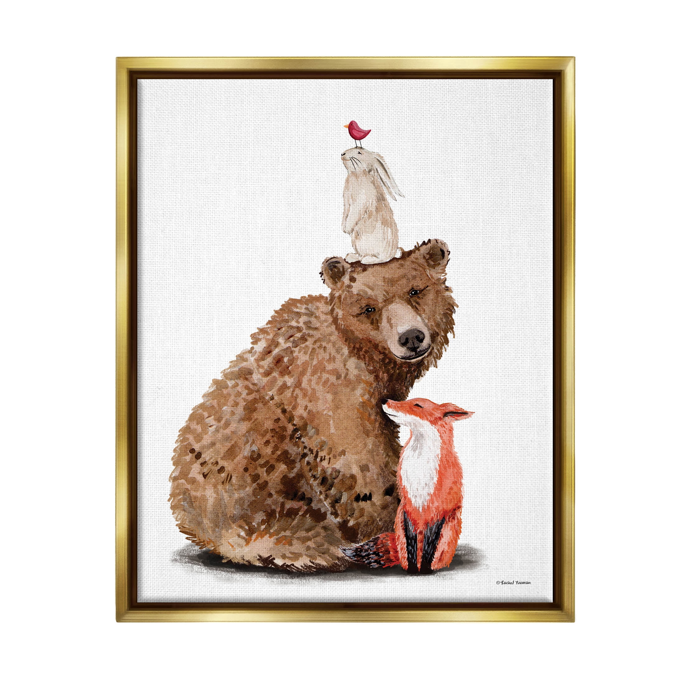 Stupell Industries Woodland Creatures Nature Animals Graphic Art Metallic Gold Floating Framed Canvas Print Wall Art, Design by Rachel Nieman