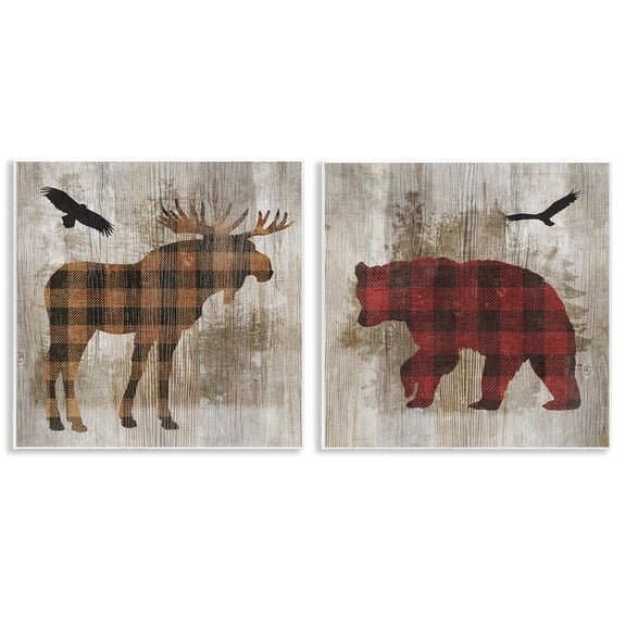 Stupell Industries Woodland Creatures Plaid Silhouettes Animals Painting Unframed Art Print Wall Art, 12 x 12, Set of 2