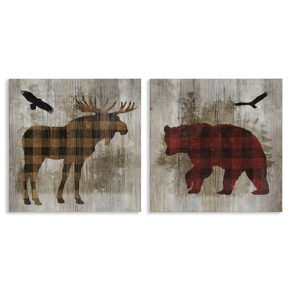 Stupell Industries Woodland Creatures Plaid Silhouettes Animals Painting Wrapped Canvas Canvas Art Print Wall Art, 24 x 24, Set of 2