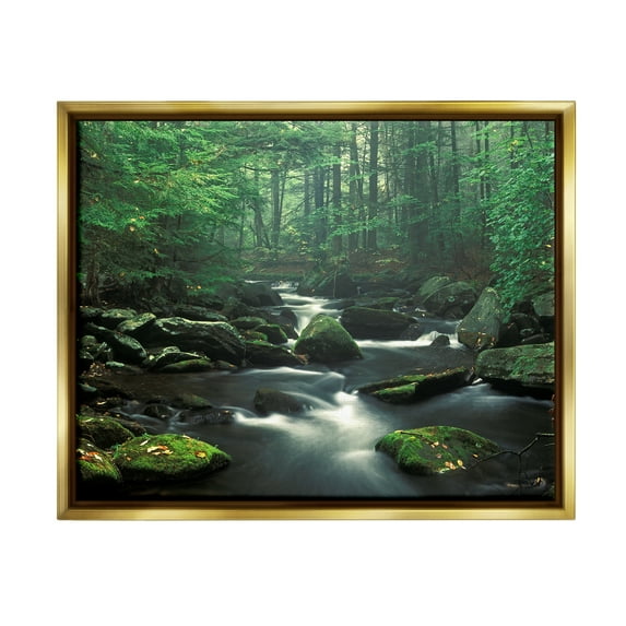 Stupell Industries Woodland Creek Landscape Nature Photography Gold Floater Framed Art Print Wall Art, 21 x 17