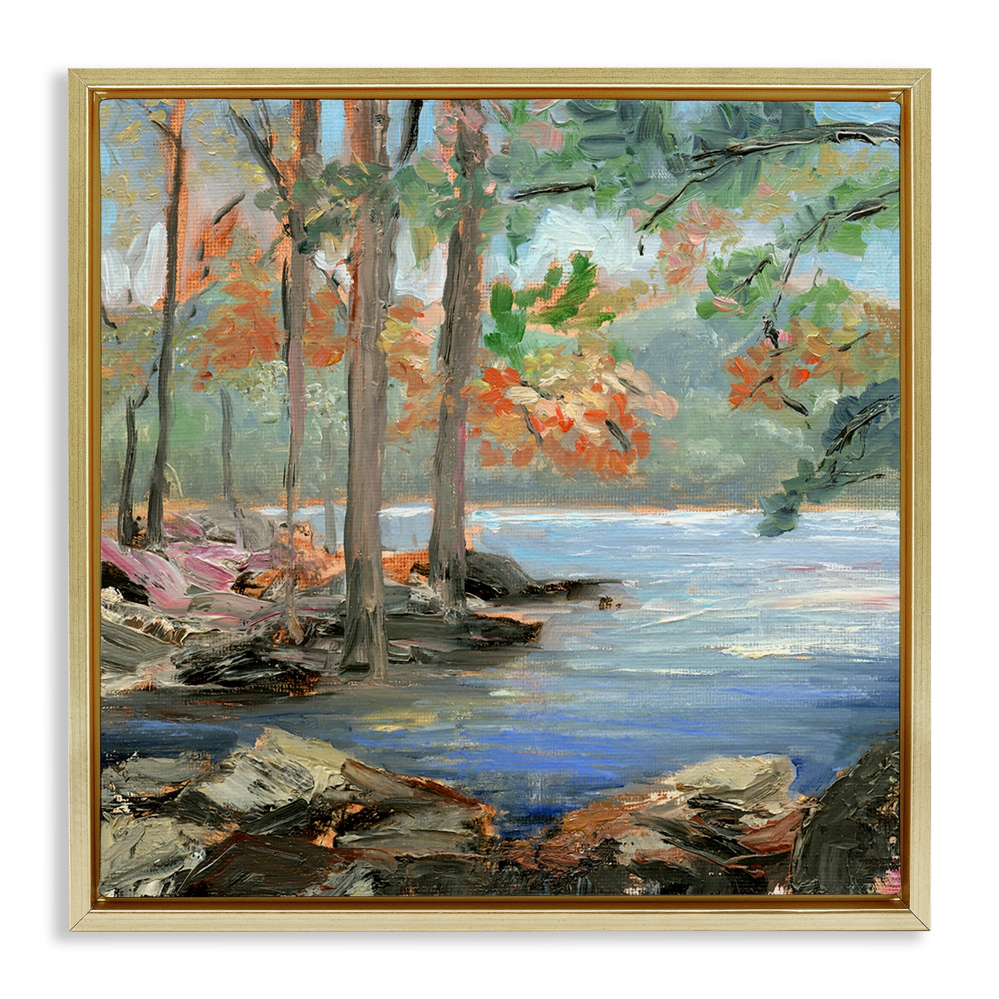 Stupell Industries Woodland Creek Looming Trees Landscape Painting Gold Floater Framed Canvas Art Print Wall Art, 25 x 25