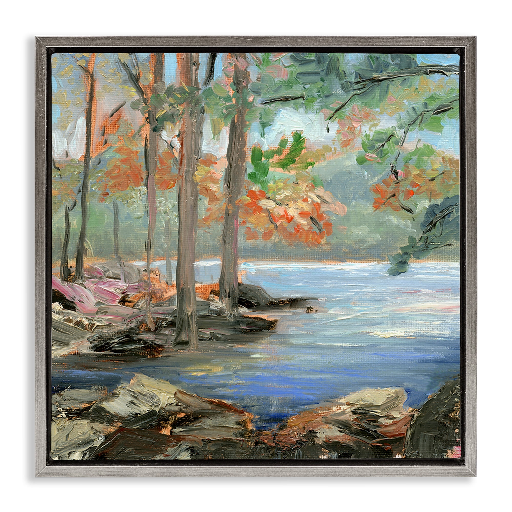 Stupell Industries Woodland Creek Looming Trees Landscape Painting Gray Floater Framed Canvas Art Print Wall Art, 25 x 25