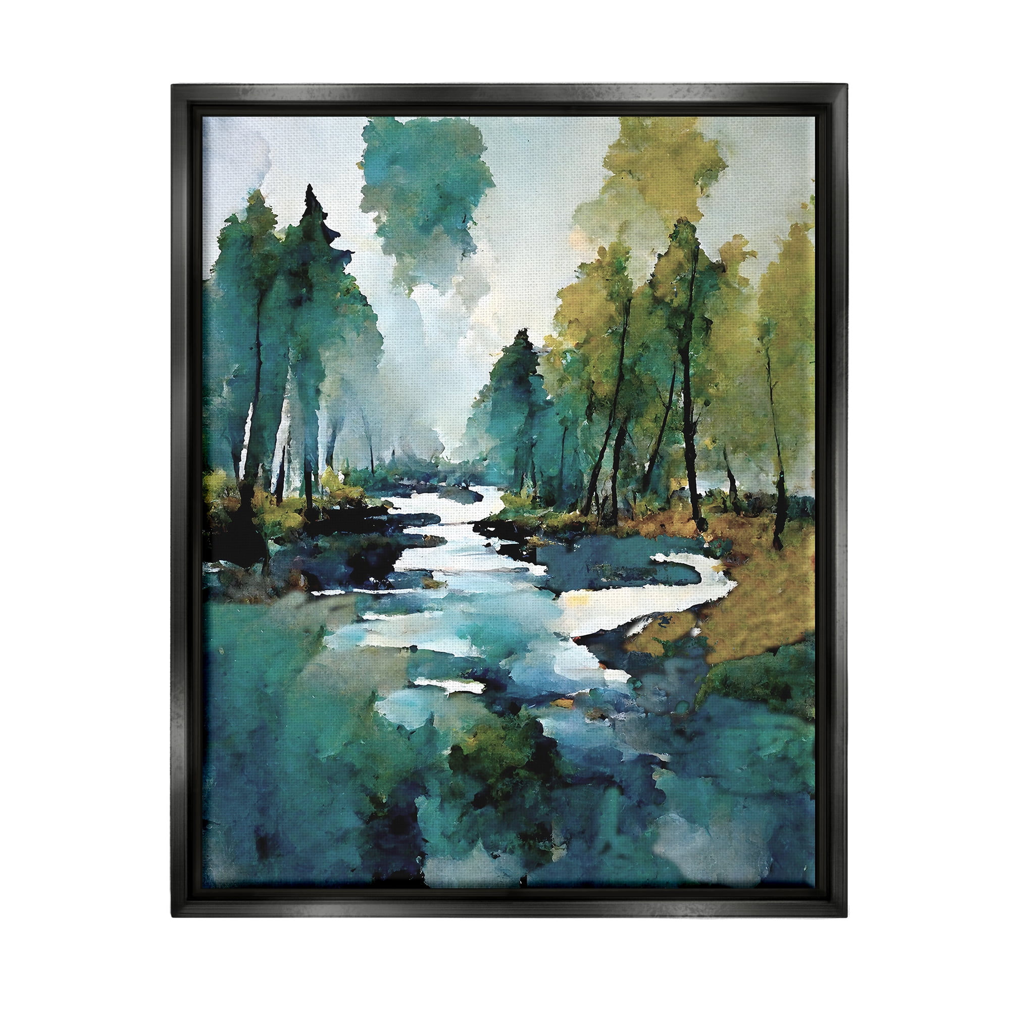 Stupell Industries Woodland Creek Painting Landscape Painting Black Floater Framed Canvas Art Print Wall Art, 17 x 21