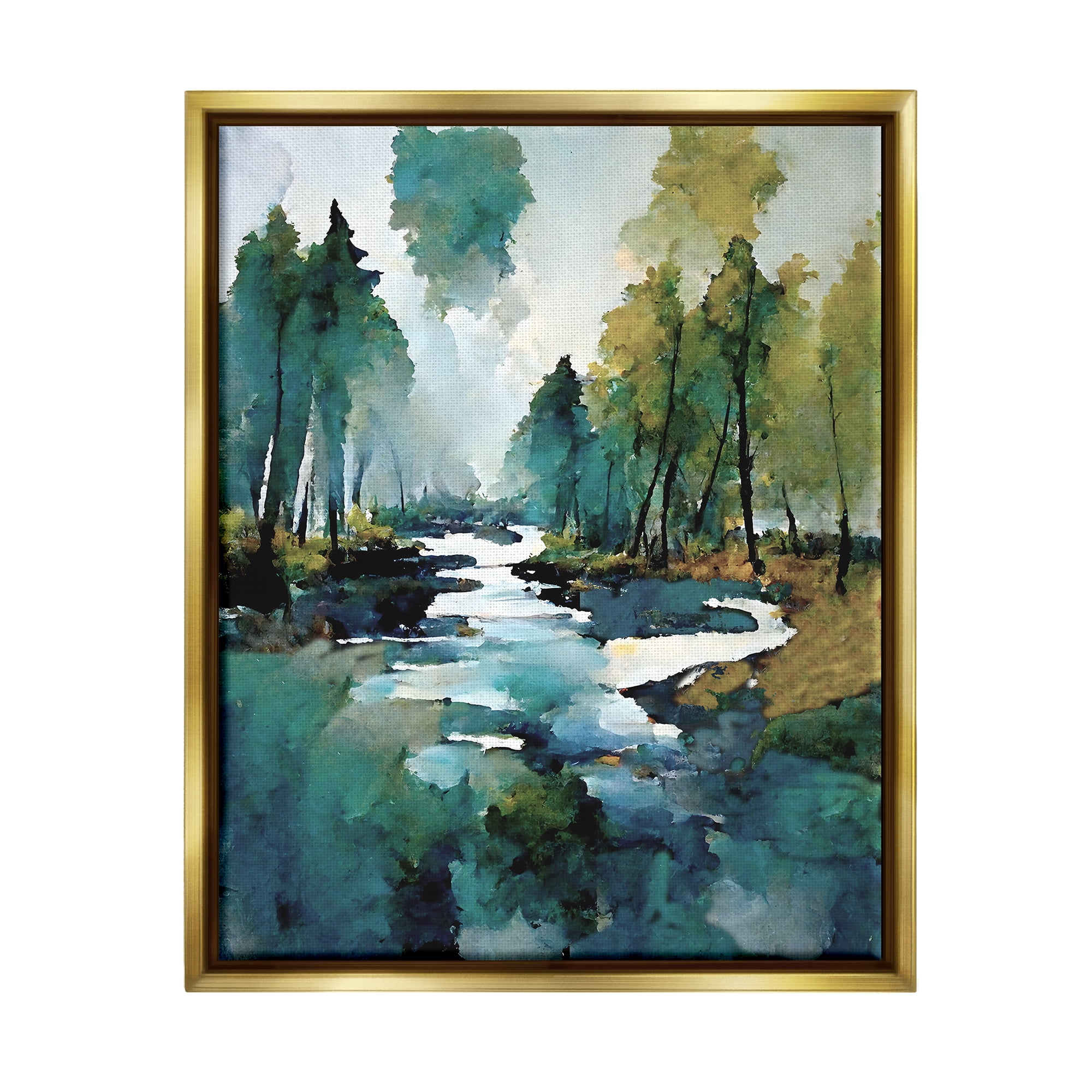 Stupell Industries Woodland Creek Painting Landscape Painting Gold Floater Framed Canvas Art Print Wall Art, 25 x 31